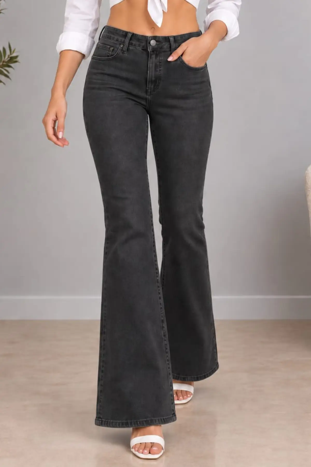 CEDY DENIM Yüksek Kalite Kadın 5 Cep Düşük Bel İspanyol Paça SkinnyFit Esnek Jean Pantolon C619 - Antrasit