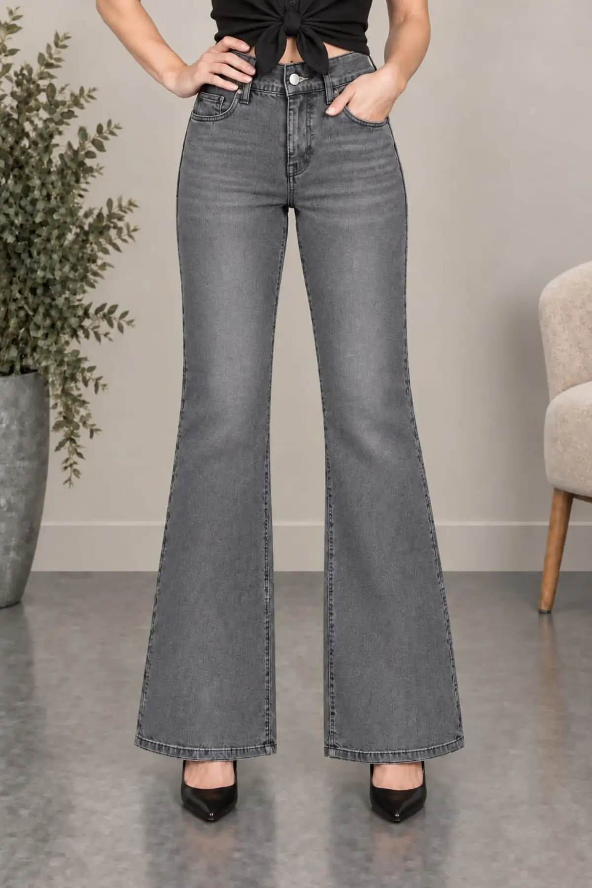 CEDY DENIM Yüksek Kalite Kadın 5 Cep Düşük Bel İspanyol Paça SkinnyFit Esnek Jean Pantolon C619 - Açık Gri