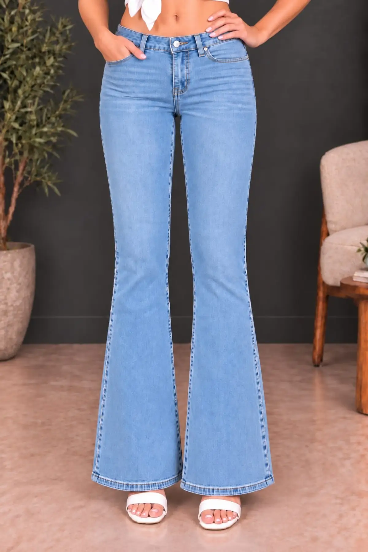 CEDY DENIM Yüksek Kalite Kadın 5 Cep Düşük Bel İspanyol Paça SkinnyFit Esnek Jean Pantolon C619 - Açık Mavi