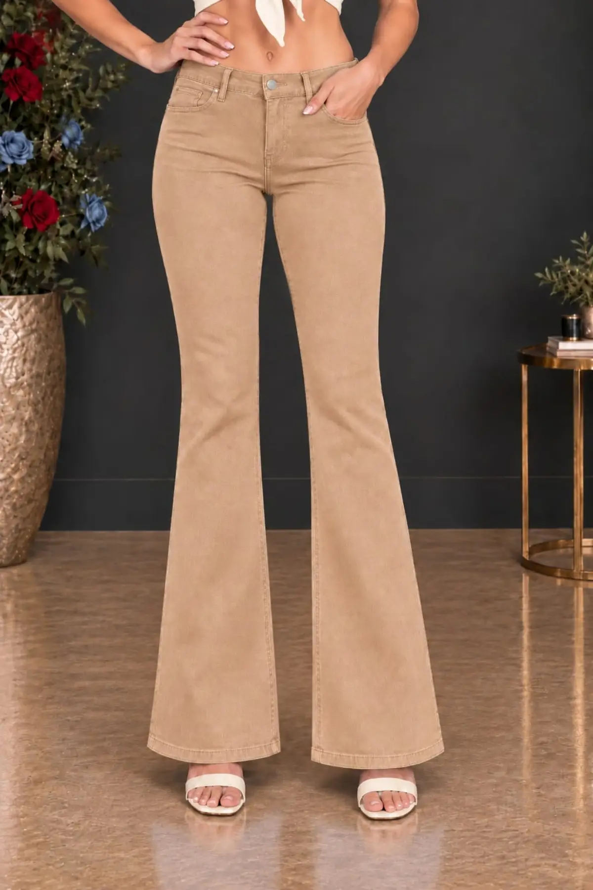 CEDY DENIM Yüksek Kalite Kadın 5 Cep Düşük Bel İspanyol Paça SkinnyFit Esnek Jean Pantolon C619 - Camel