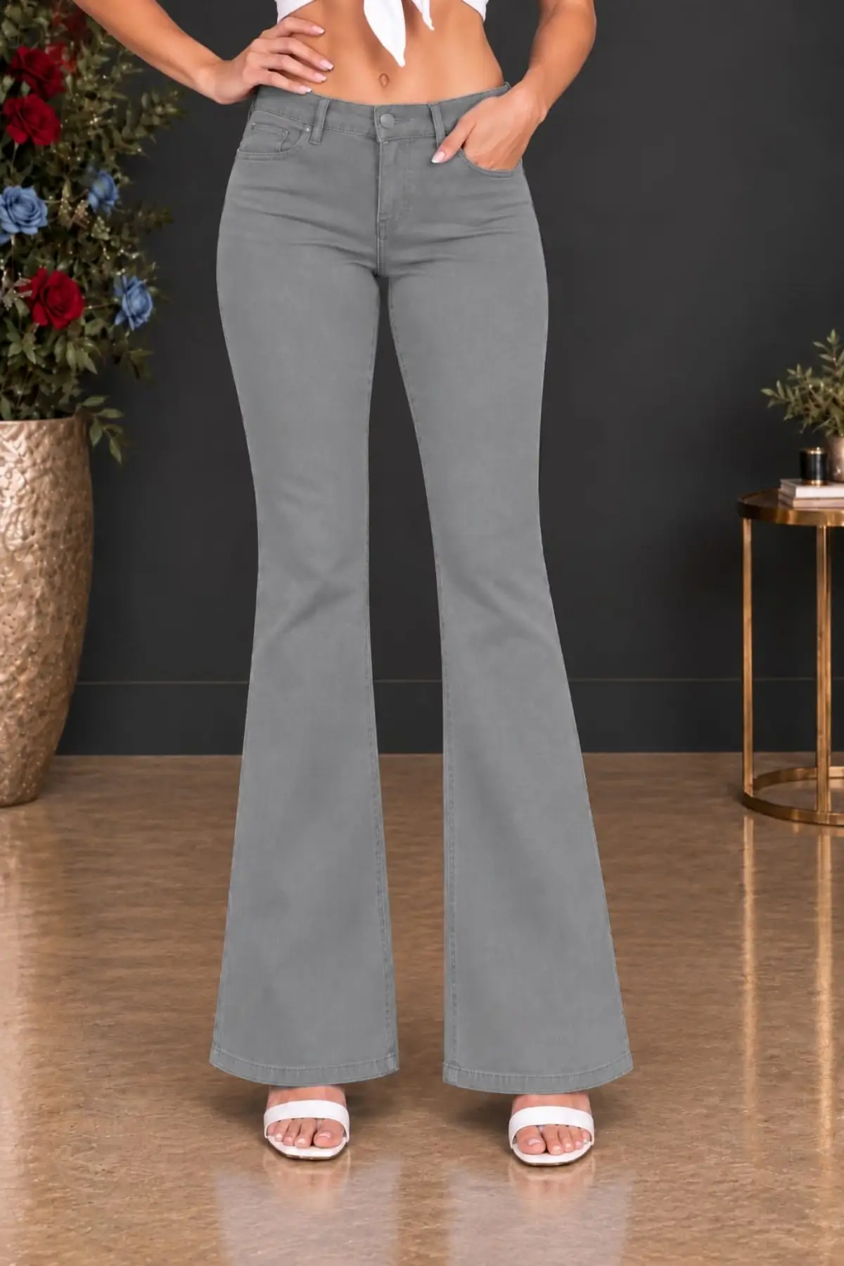 CEDY DENIM Yüksek Kalite Kadın 5 Cep Düşük Bel İspanyol Paça SkinnyFit Esnek Jean Pantolon C619 - Taş Rengi