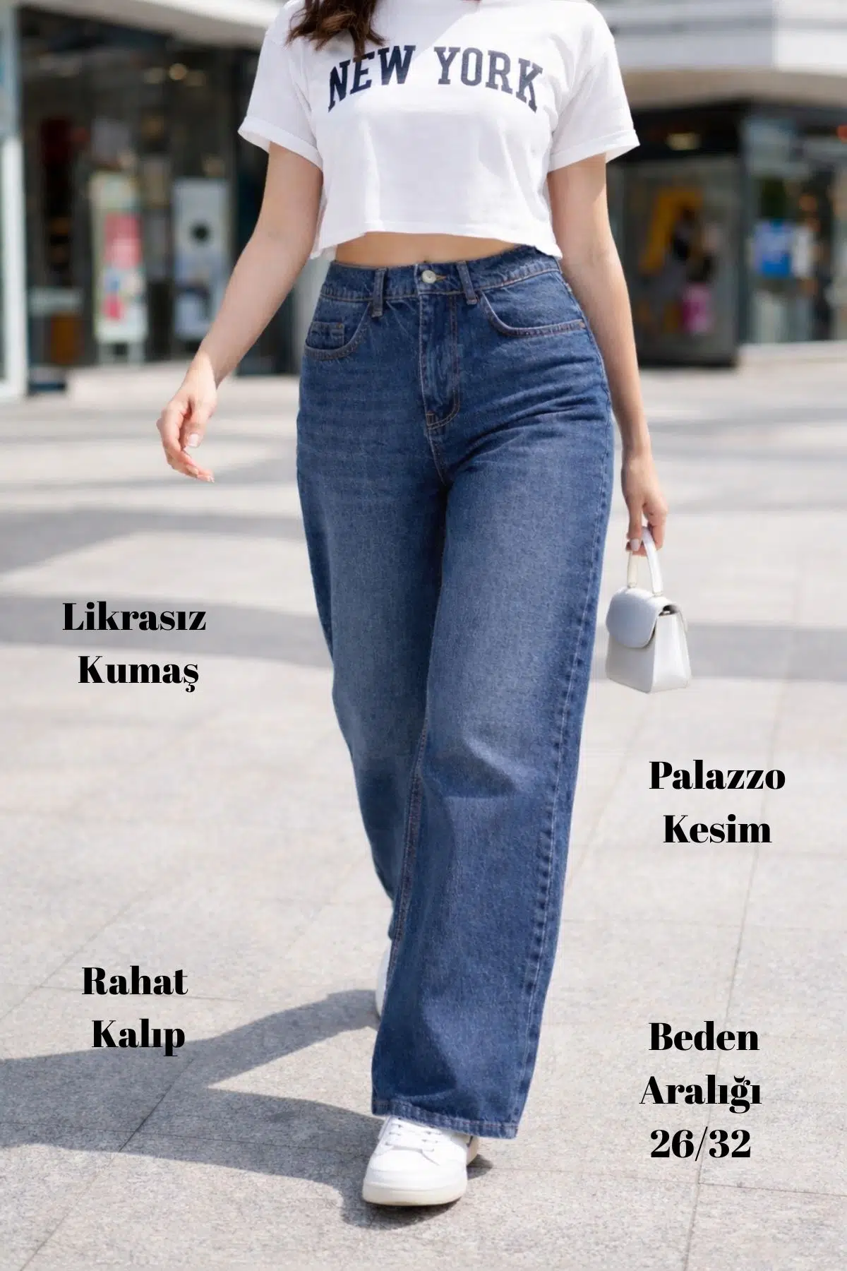 CEDY DENIM Yüksek Kalite Kadın Palazzo Yüksek Bel Cotton Jean Pantolon - Mavi