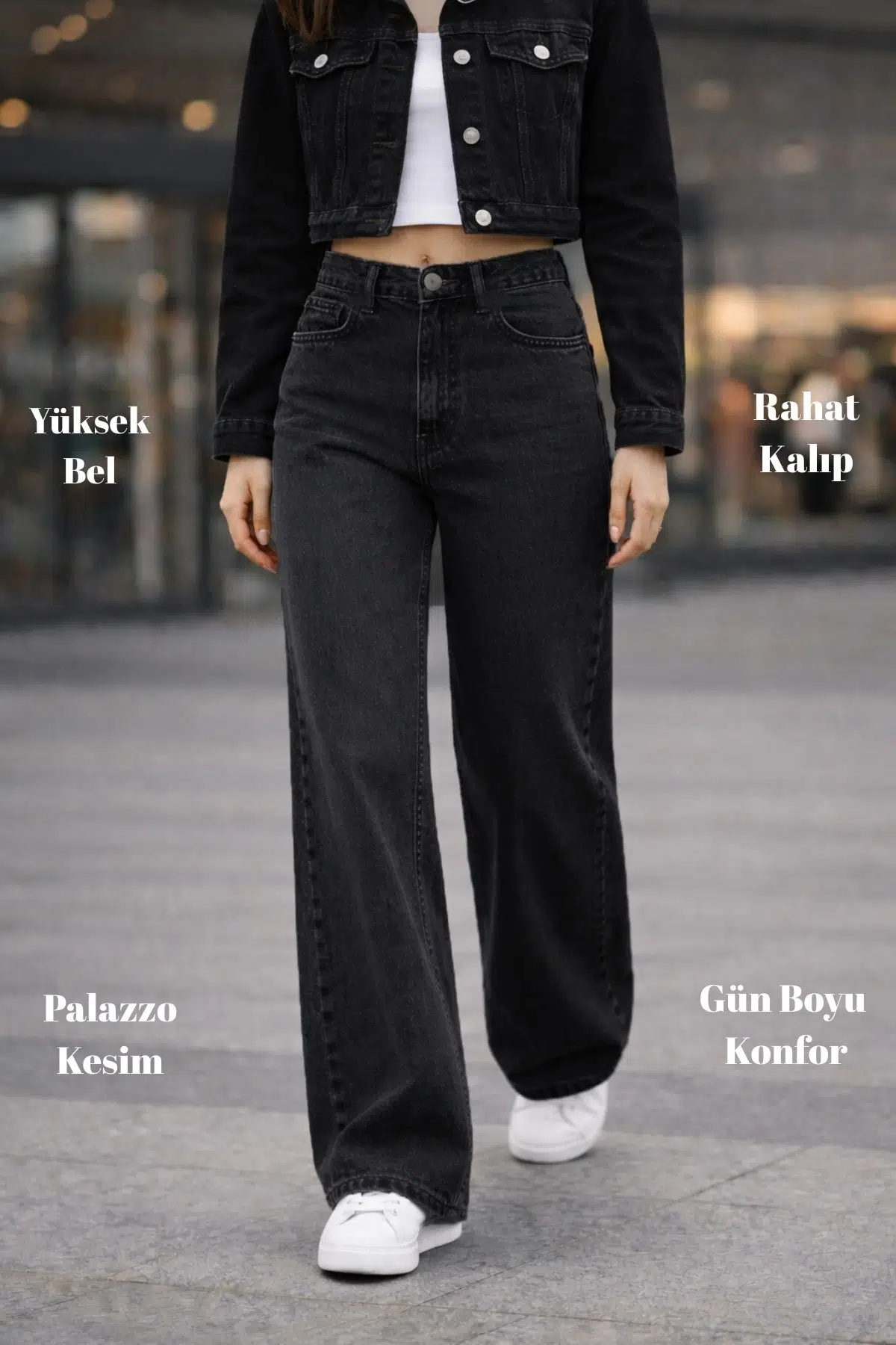 CEDY DENIM Yüksek Kalite Kadın Palazzo Yüksek Bel Cotton Jean Pantolon - Siyah