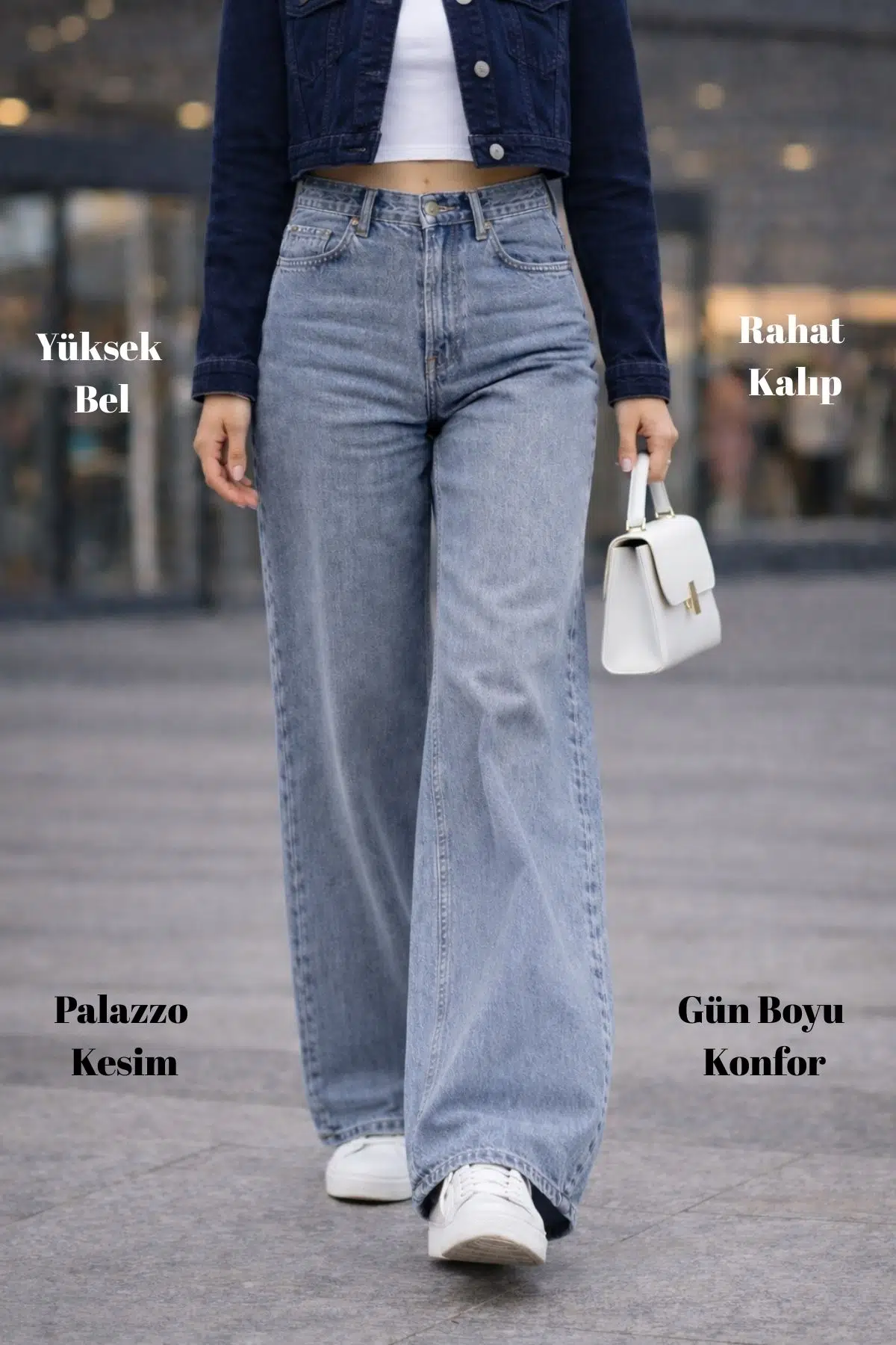 CEDY DENIM Yüksek Kalite Kadın Palazzo Yüksek Bel Cotton Jean Pantolon - Kar Yıkama