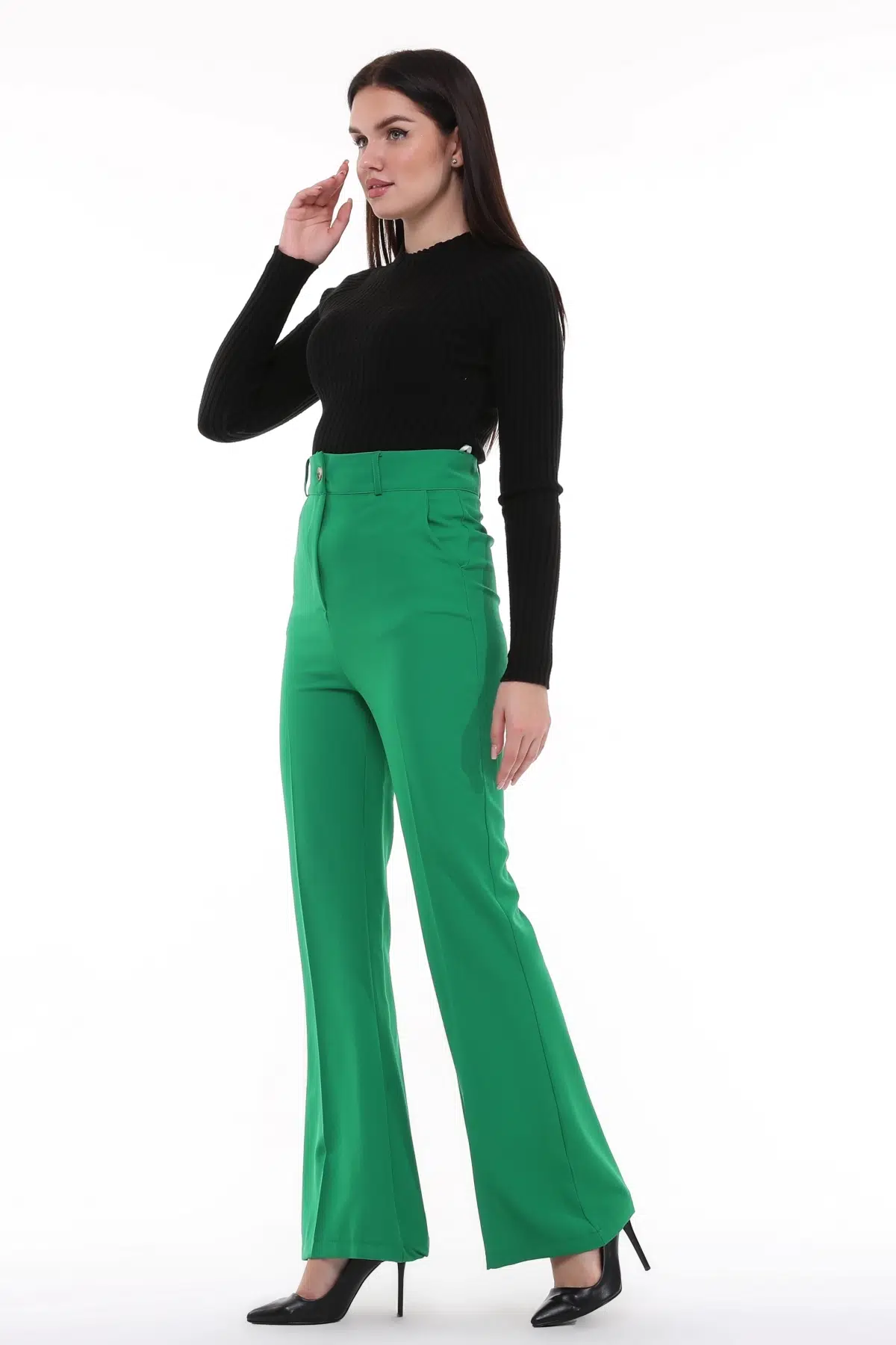 Kadın İspanyol Paça, Yüksek Bel, Kemerli Pantolon, Oversize Orijinal Kesim, C3004 - YEŞİL