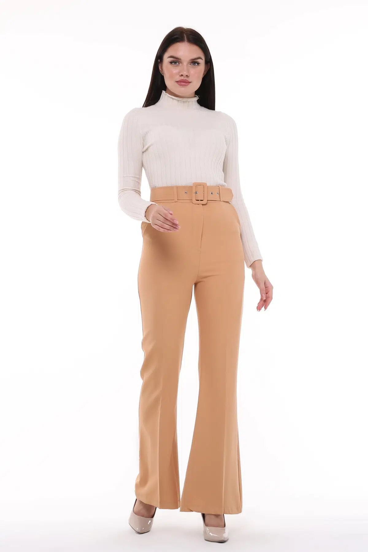 Kadın İspanyol Paça, Yüksek Bel, Kemerli Pantolon, Oversize Orijinal Kesim, C3004 - CAMEL