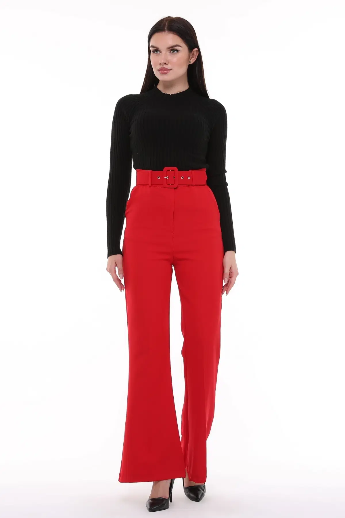 Kadın İspanyol Paça, Yüksek Bel, Kemerli Pantolon, Oversize Orijinal Kesim, C3004 - KIRMIZI