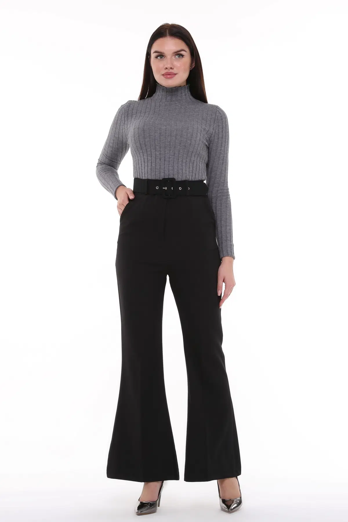 Kadın İspanyol Paça, Yüksek Bel, Kemerli Pantolon, Oversize Orijinal Kesim, C3004 - SİYAH