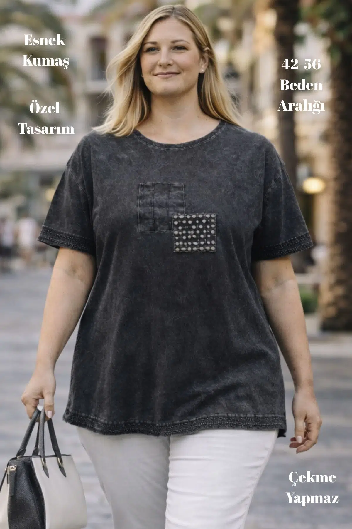 CEDY - Kadın Özel Tasarım Esnek, Pul Payet, Dantel Detaylı Yıkamalı Büyük Beden Tişört - Antrasit