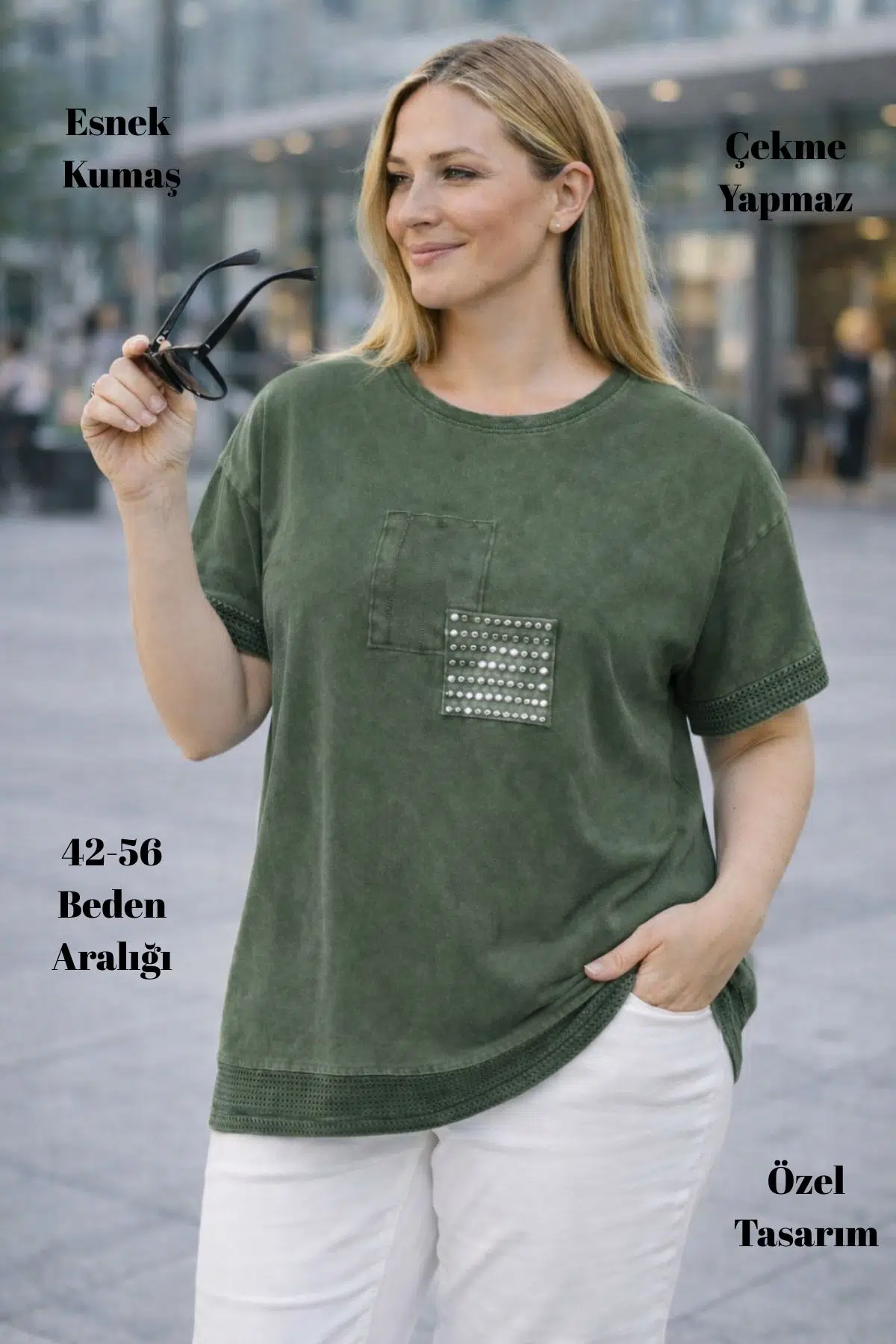 CEDY - Kadın Özel Tasarım Esnek, Pul Payet, Dantel Detaylı Yıkamalı Büyük Beden Tişört - Haki