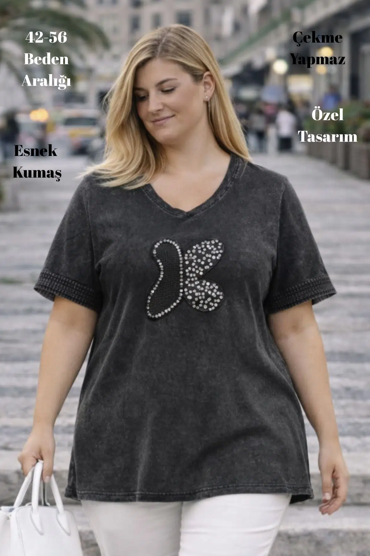 CEDY - Kadın Özel Tasarım Esnek, Pul Payet, Dantel Detaylı Yıkamalı V Yaka Büyük Beden Tişört - Antrasit