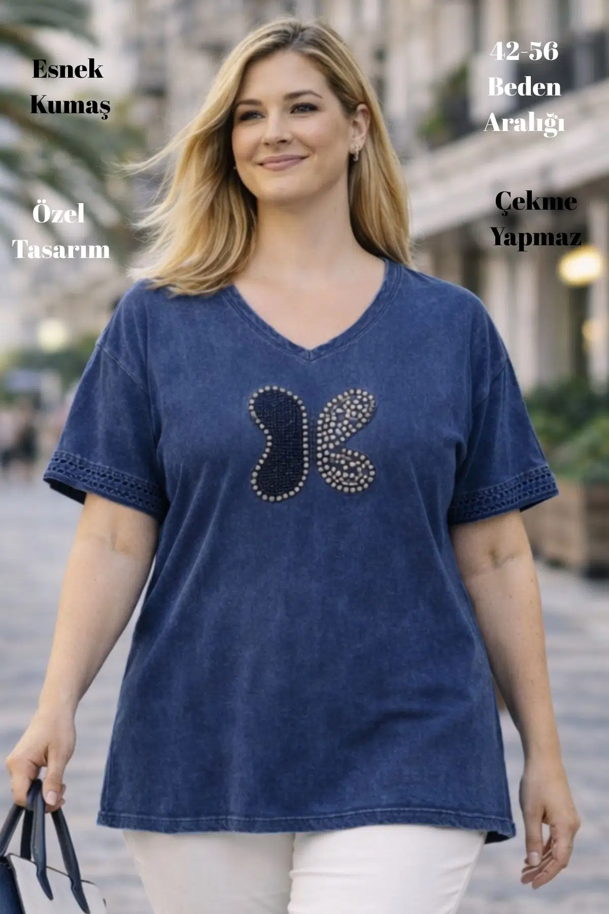 CEDY - Kadın Özel Tasarım Esnek, Pul Payet, Dantel Detaylı Yıkamalı V Yaka Büyük Beden Tişört - Lacivert