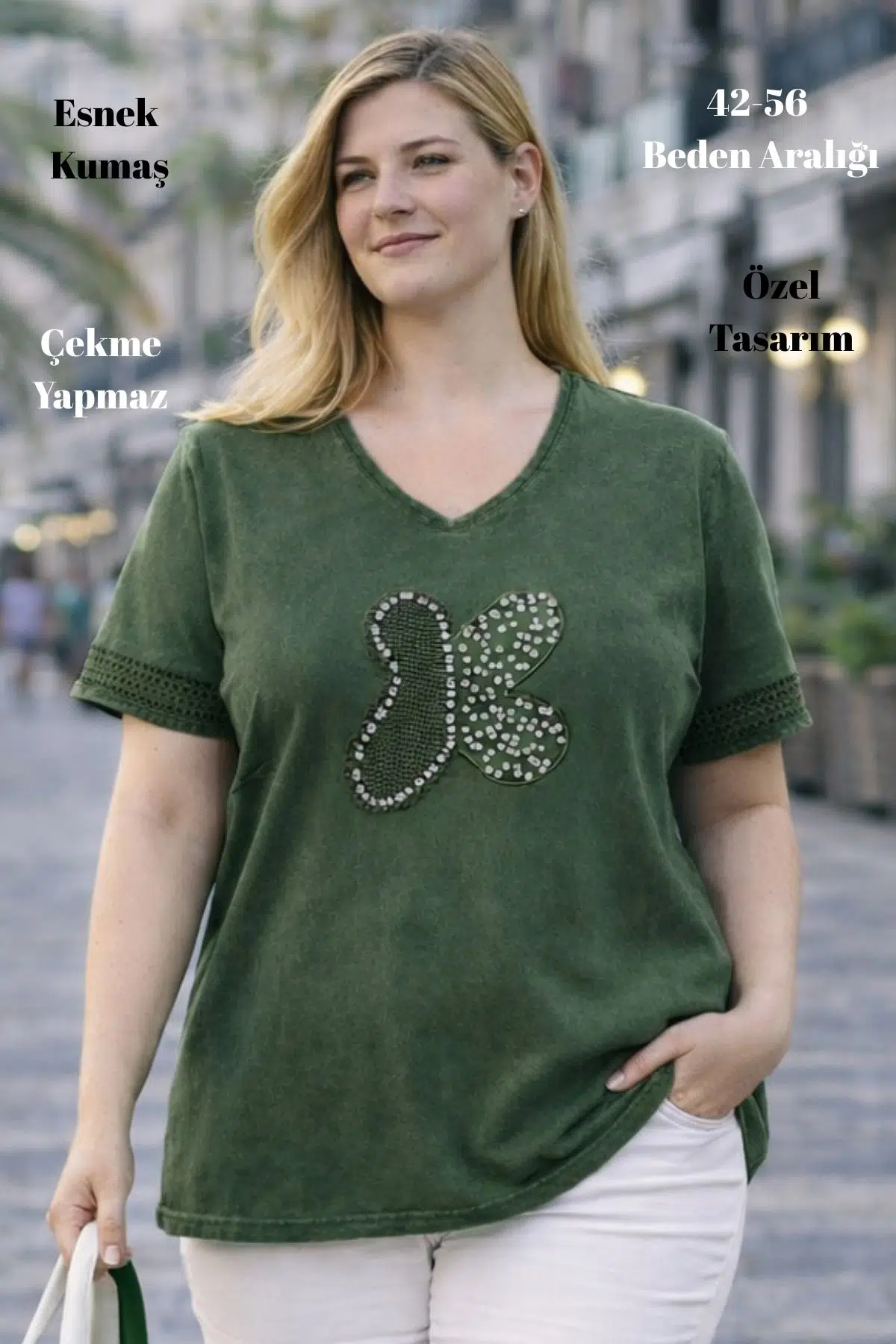 CEDY - Kadın Özel Tasarım Esnek, Pul Payet, Dantel Detaylı Yıkamalı V Yaka Büyük Beden Tişört - Haki