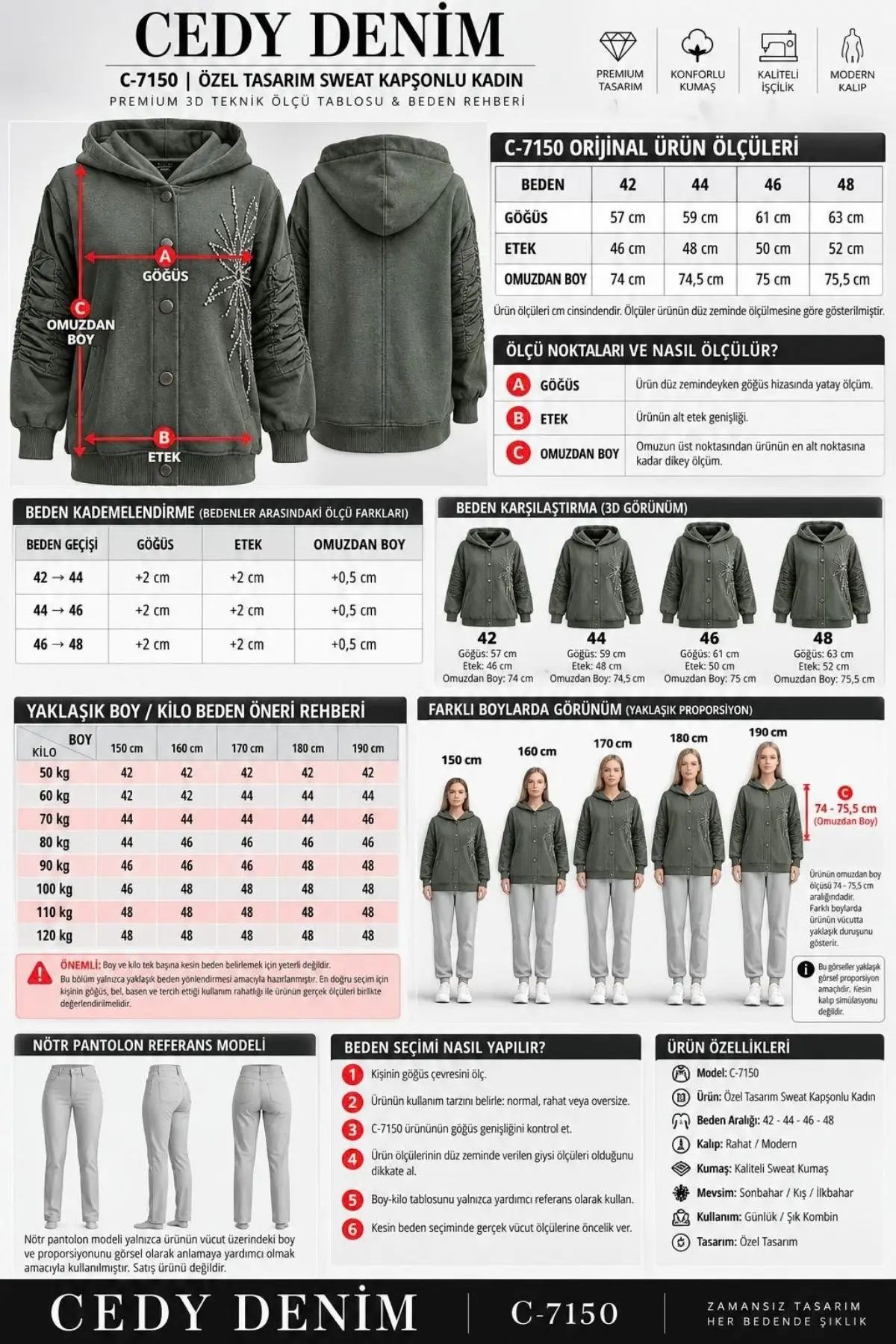 CEDY -Özel Tasarım Kadın Taş ve Nakış İşleme Detaylı Düğmeli Kapüşonlu Sweat Hırka C7150 - 42
