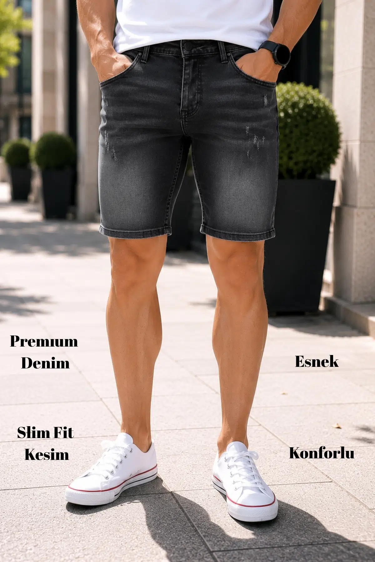  Erkek Slim Fit Jean Şort Likralı Dar Kesim Kot Şort C342 - Havana Antrasit-342