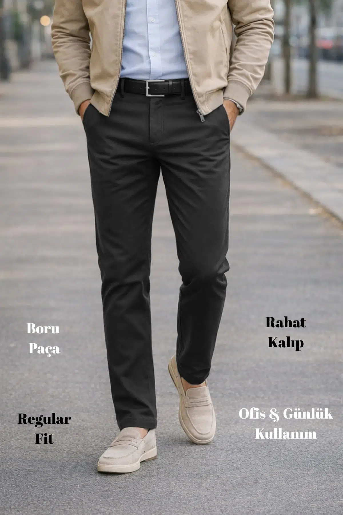 Erkek Likralı Yüksek Bel Regular Fit Bol Kesim Yandan Cepli Chino Klasik Pantolon - Antrasit