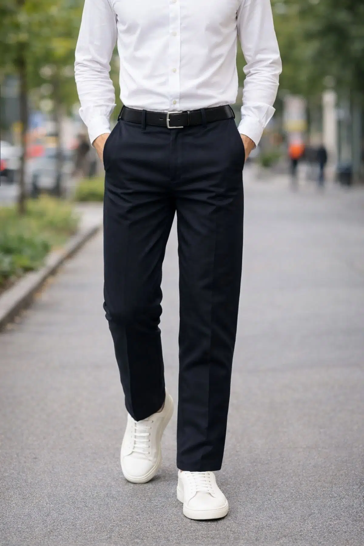 Erkek Likralı Yüksek Bel Regular Fit Bol Kesim Yandan Cepli Chino Klasik Pantolon - Lacivert