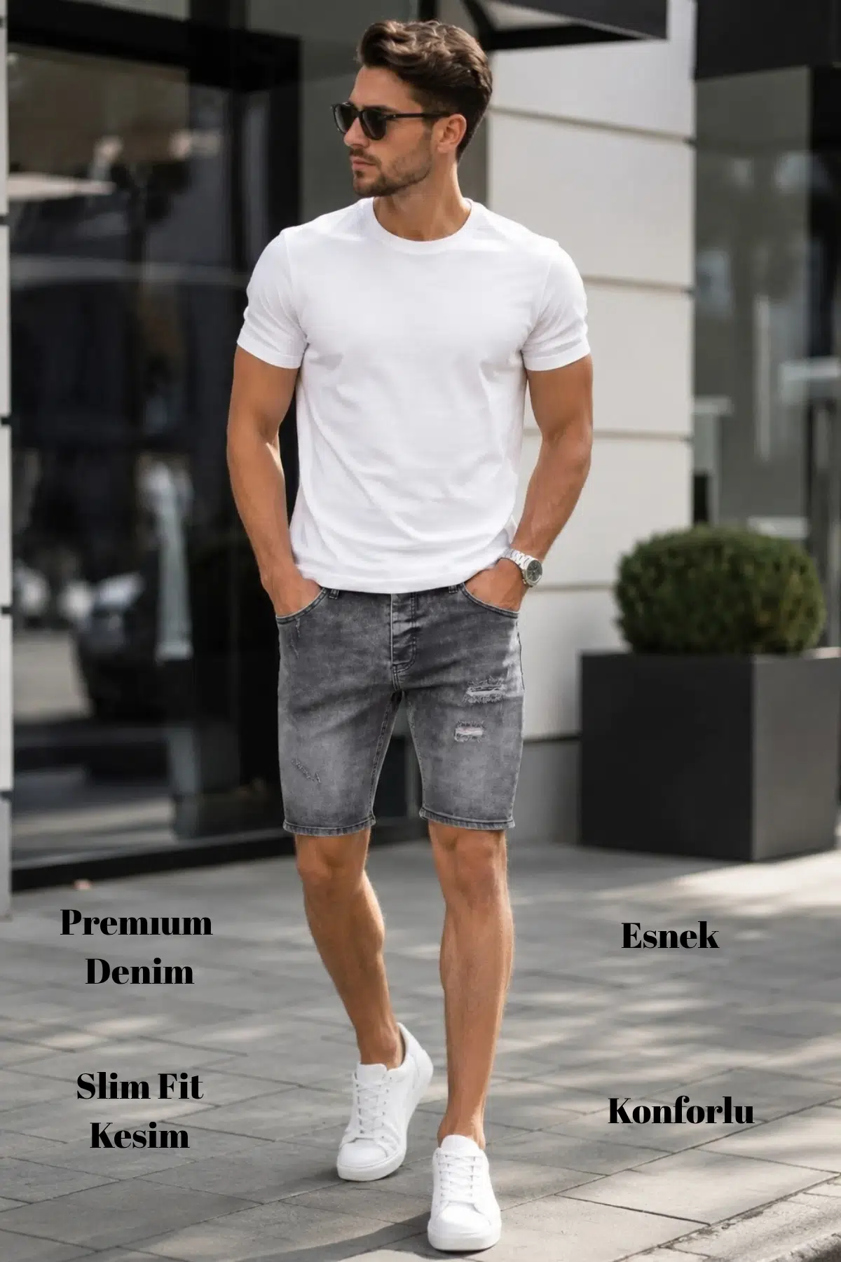  Erkek Slim Fit Jean Şort Likralı Dar Kesim Kot Şort C342 - Makedon Gri-342