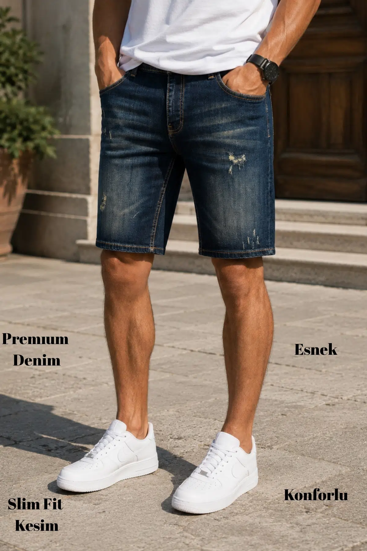  Erkek Slim Fit Jean Şort Likralı Dar Kesim Kot Şort C342 - Bursa Mavi-342
