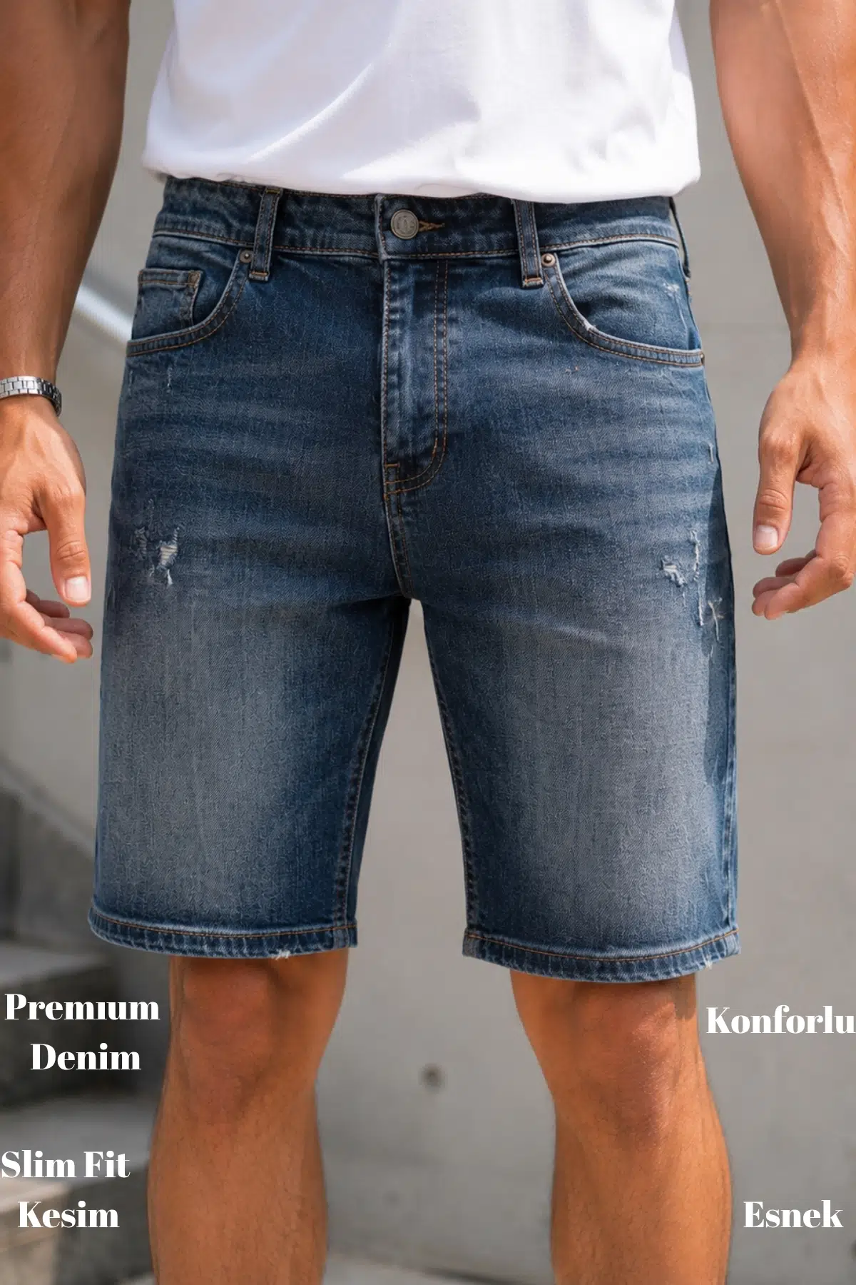  Erkek Slim Fit Jean Şort Likralı Dar Kesim Kot Şort C342 - Akçay Mavi-342