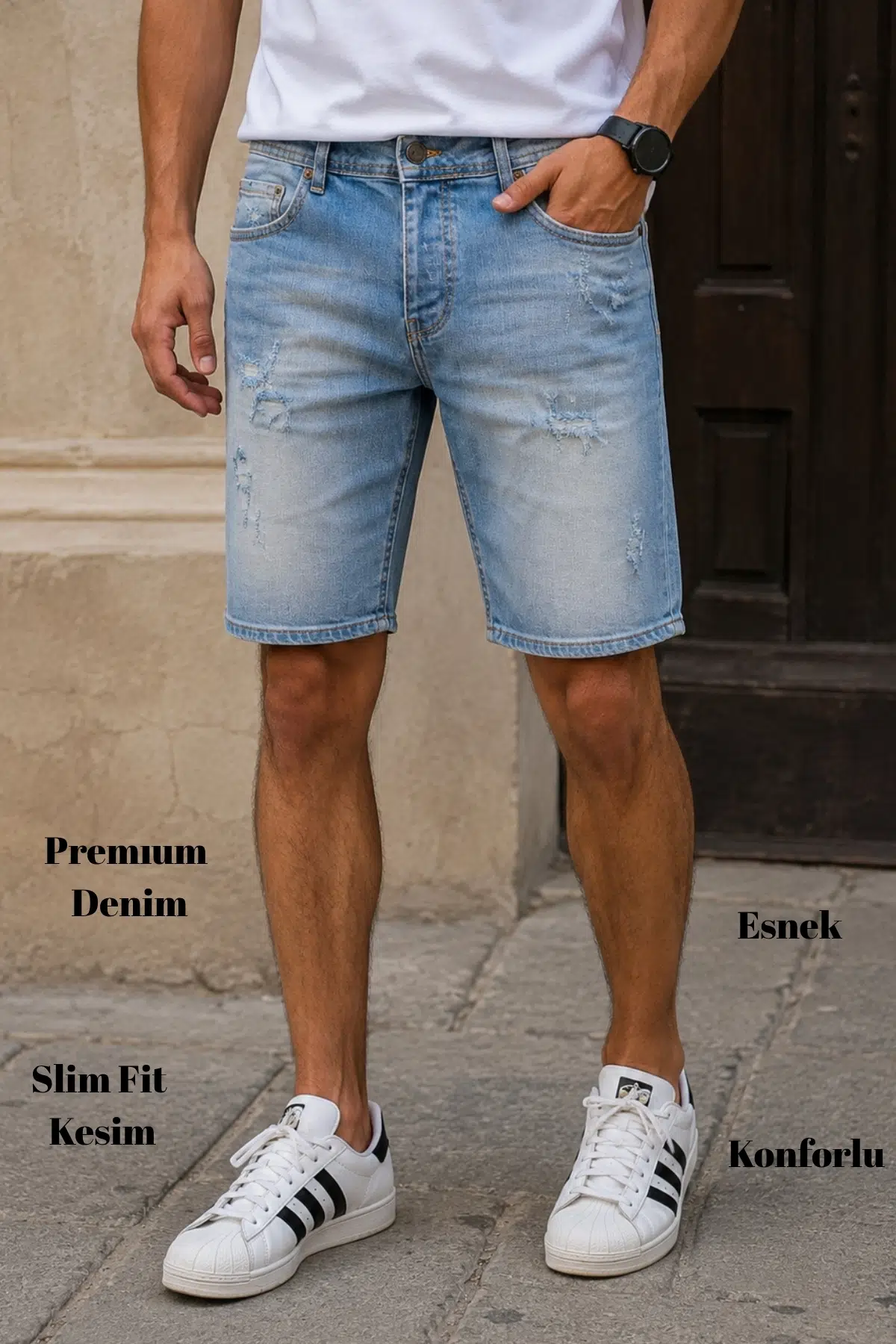  Erkek Slim Fit Jean Şort Likralı Dar Kesim Kot Şort C342 - Alanya Mavi-342