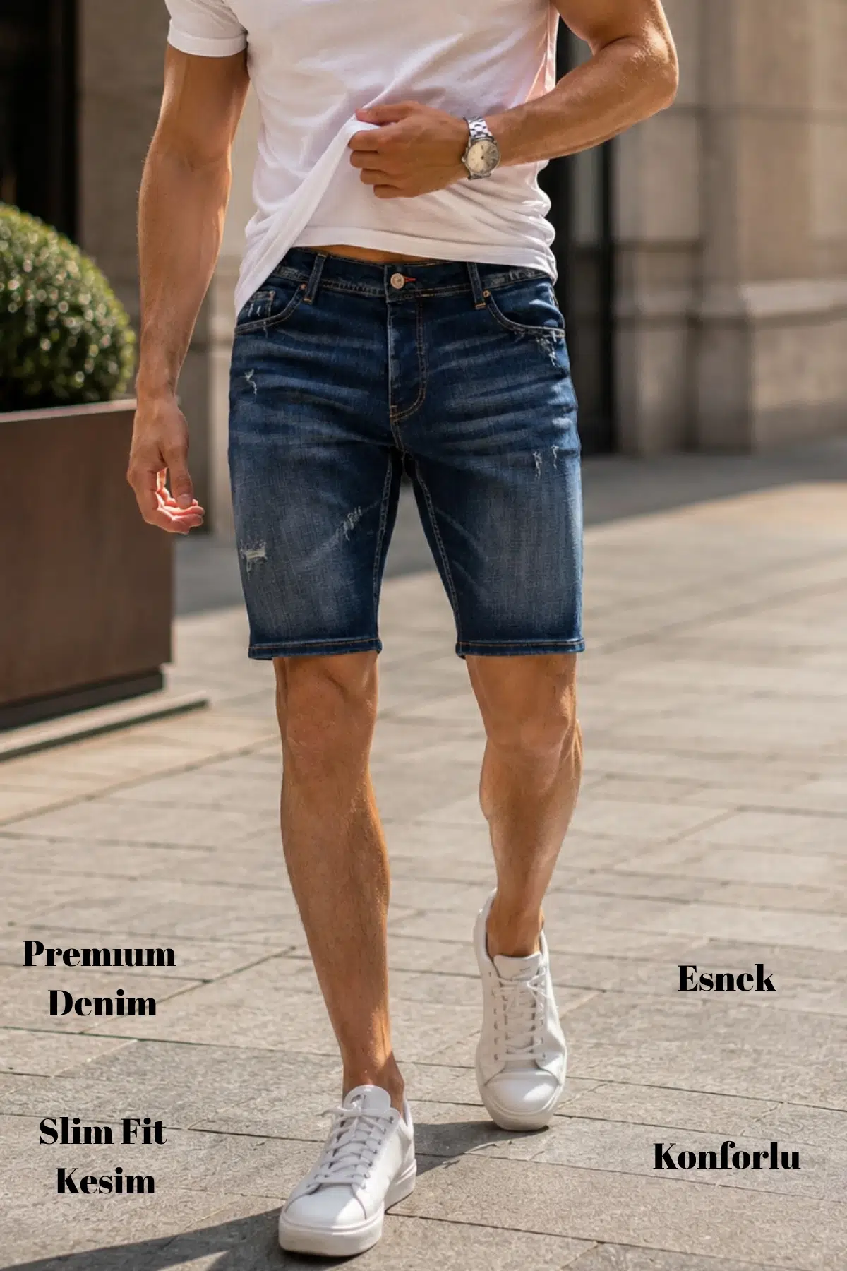  Erkek Slim Fit Jean Şort Likralı Dar Kesim Kot Şort C342 - Sinop Mavi-342