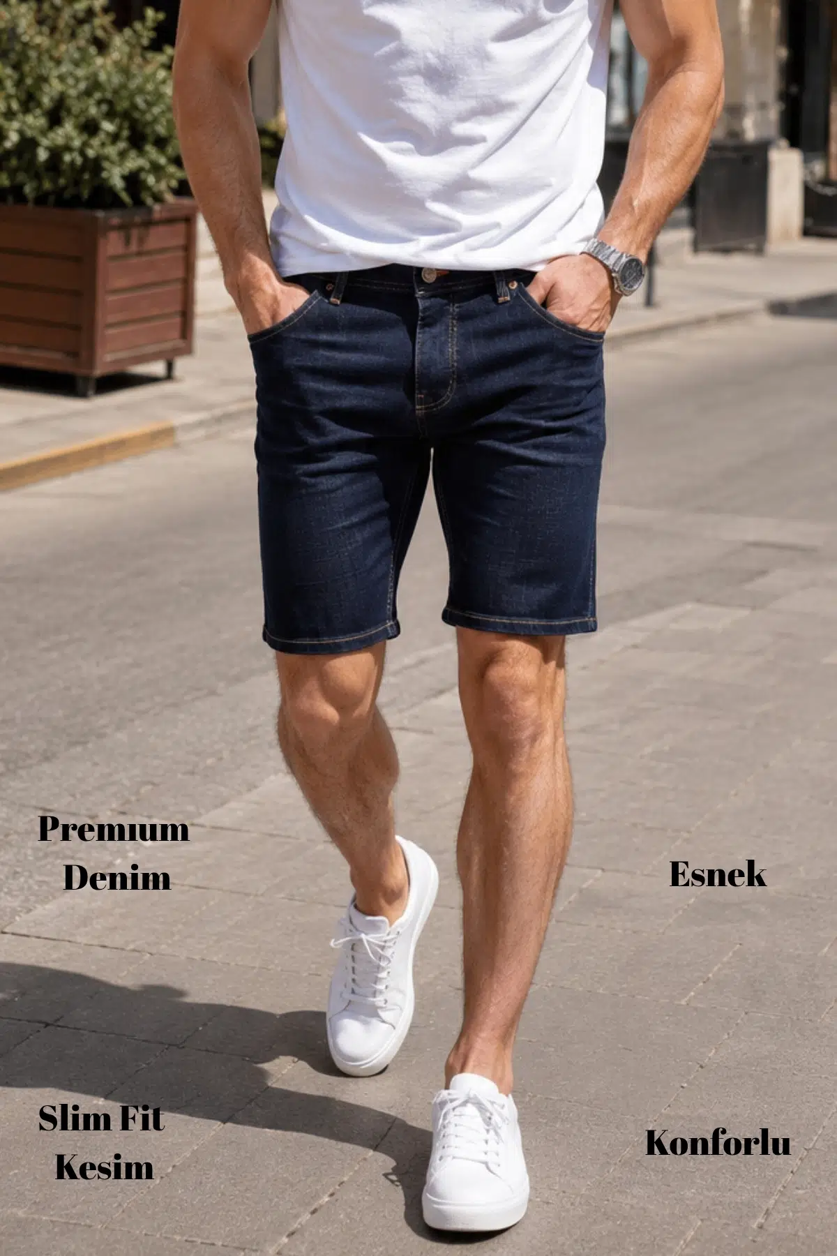  Erkek Slim Fit Jean Şort Likralı Dar Kesim Kot Şort C342 - Gönen Lacivert-342