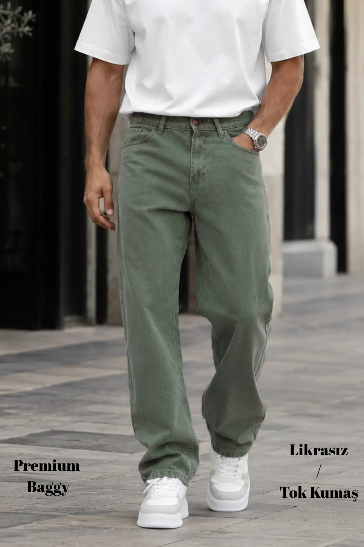  Erkek Yüksek Kalite Baggy Fit Jean Yüksek Bel Bol Kesim Kot Pantolon C352 - Haki