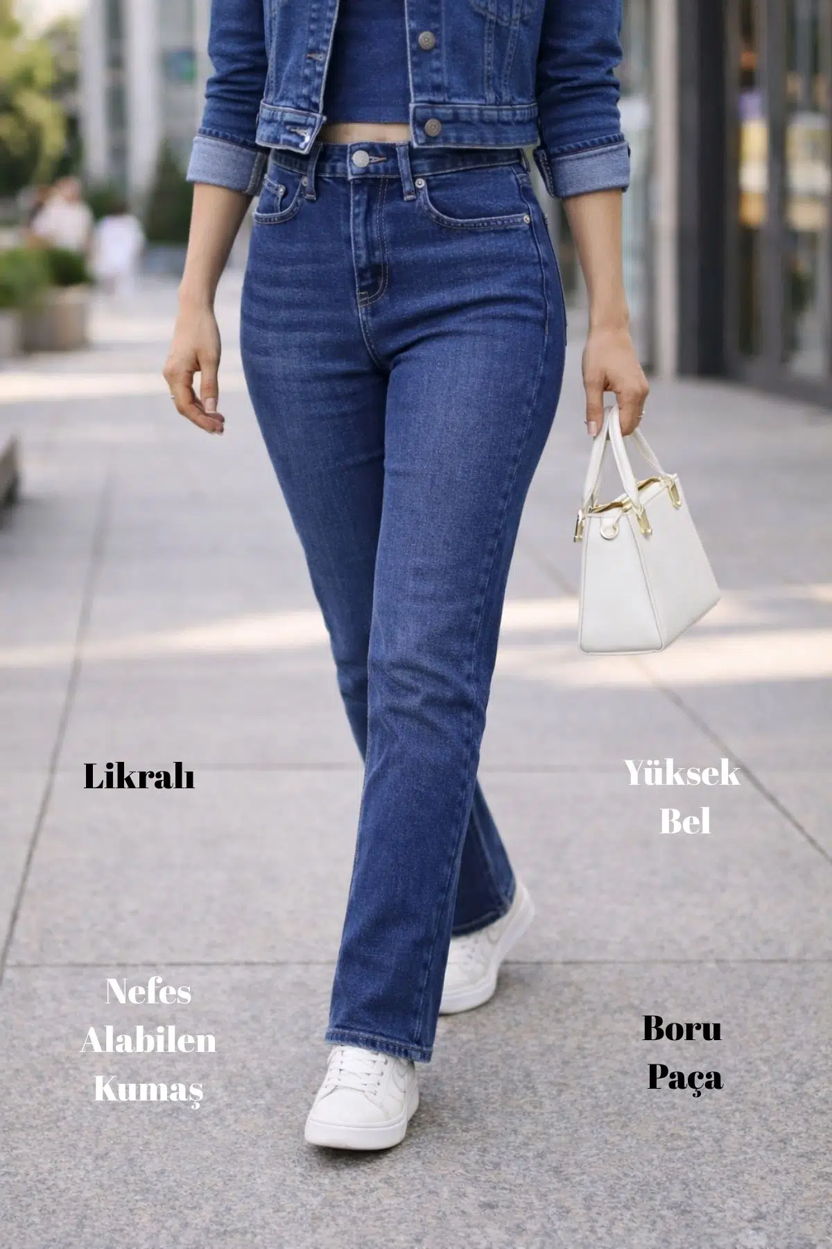 Kadın Boru Paça Yüksek Bel Regular Fit Likralı Pantolon - Mavi