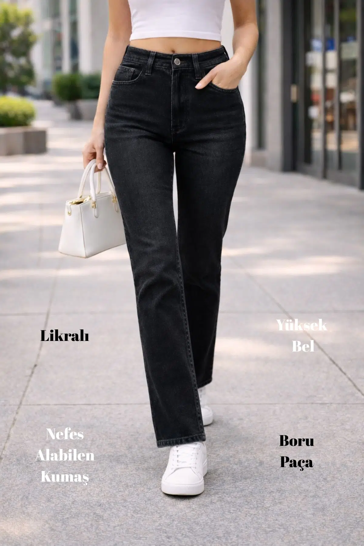 Kadın Boru Paça Yüksek Bel Regular Fit Likralı Pantolon - Siyah