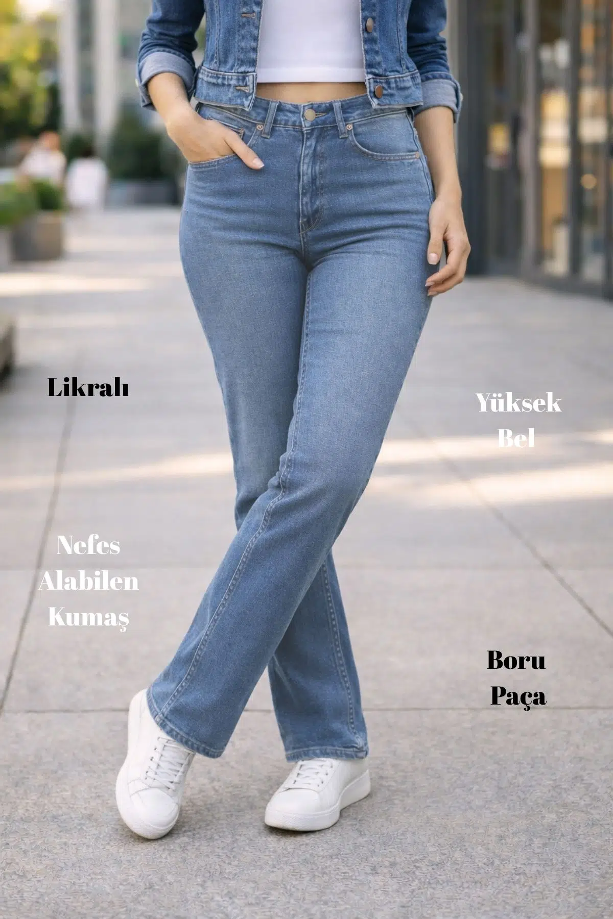 Kadın Boru Paça Yüksek Bel Regular Fit Likralı Pantolon - Açık Mavi