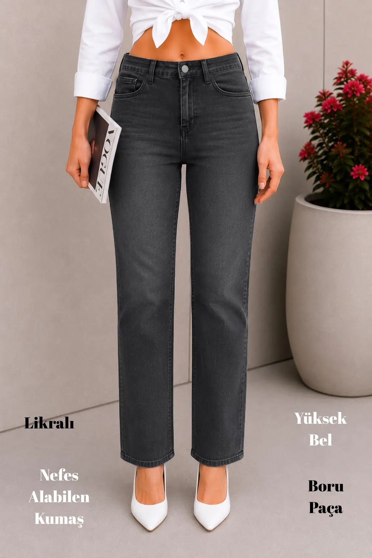 CEDY DENİM-Kadın Yüksek Bel Likralı Boru Paça Pantolon – Esnek Rahat Regular Fit C607 - Gri