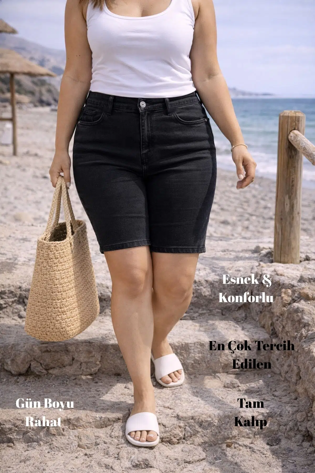 Kadın Büyük Beden Yüksek Bel Full Likralı Slimfit Jean Şort - Siyah-606