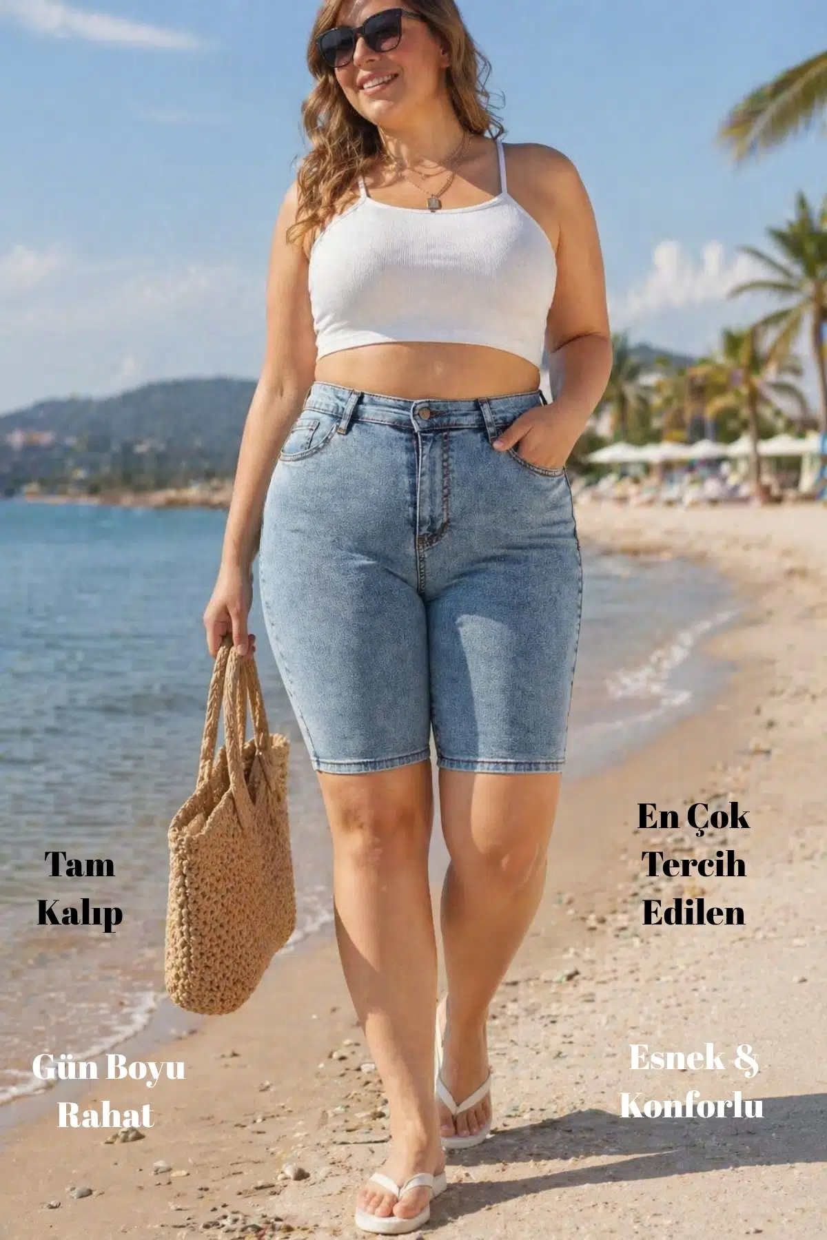 Kadın Büyük Beden Yüksek Bel Full Likralı Slimfit Jean Şort - Kar yıkama-606