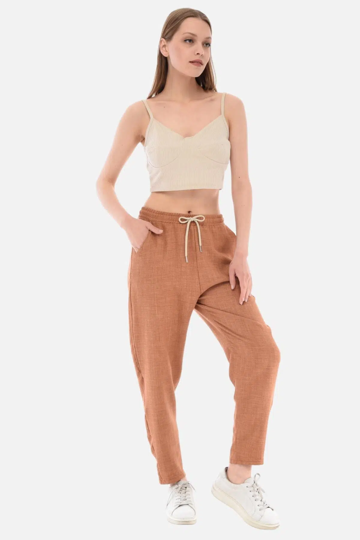 Kadın Yazlık Sentetik Keten Yüksek Bel Lastikli Dar Paça Mom Pantolon C611 - Kiremit