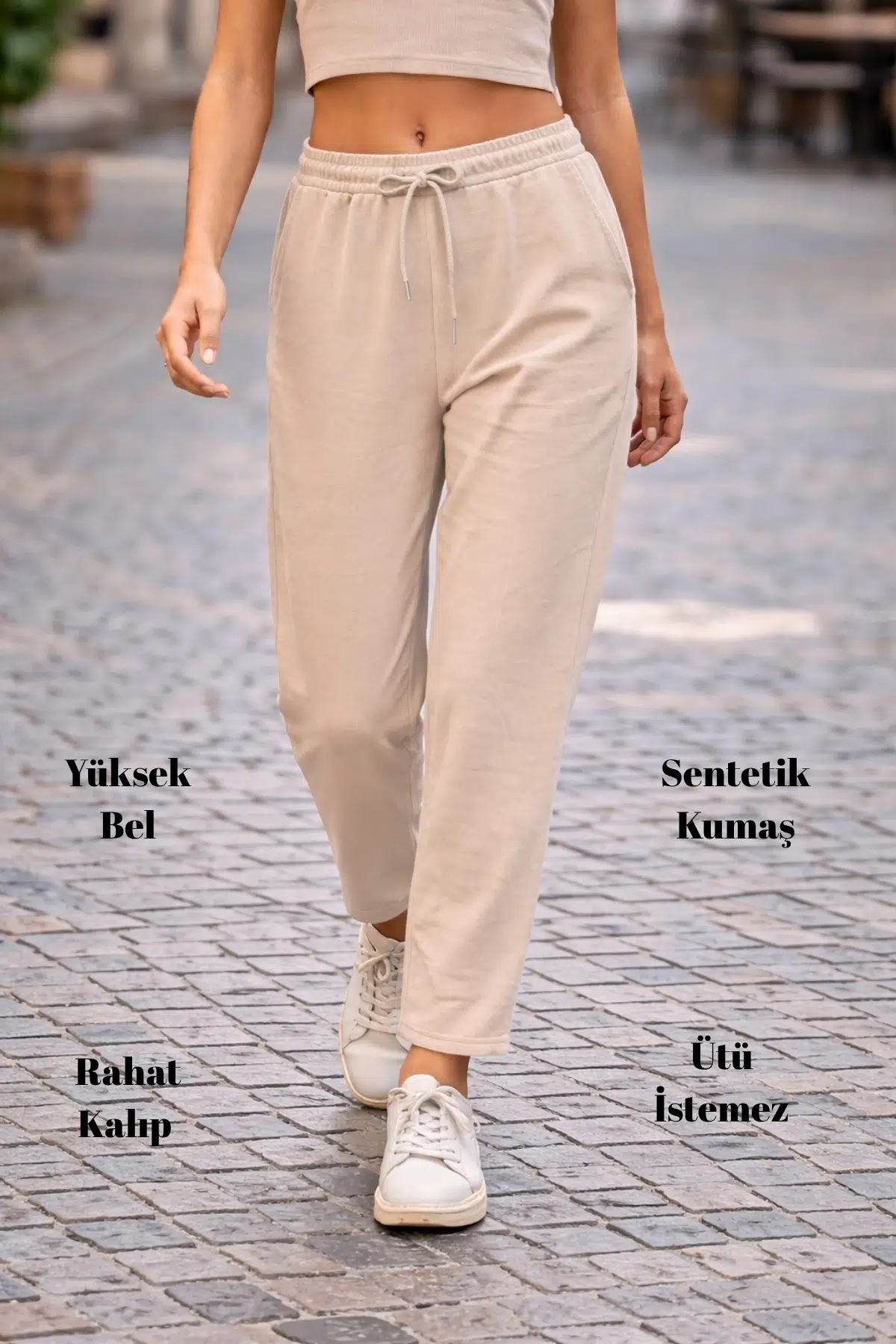 Kadın Yazlık Sentetik Keten Yüksek Bel Lastikli Dar Paça Mom Pantolon C611 - Bej