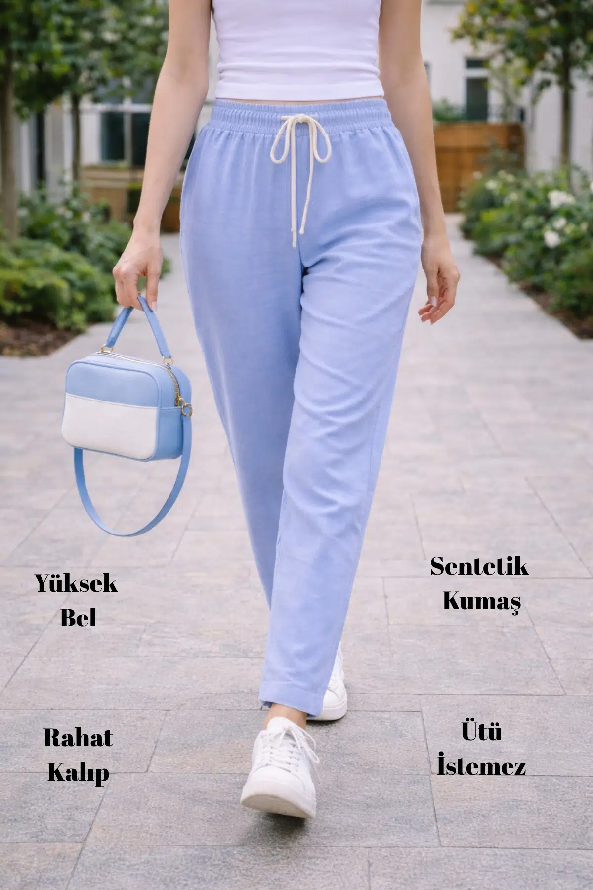 Kadın Yazlık Sentetik Keten Yüksek Bel Lastikli Dar Paça Mom Pantolon C611 - Açık Mavi