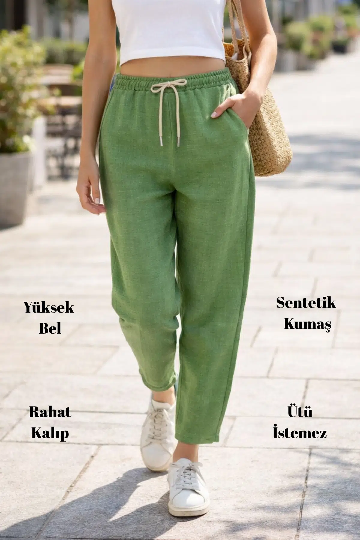 Kadın Yazlık Sentetik Keten Yüksek Bel Lastikli Dar Paça Mom Pantolon C611 - Yeşil