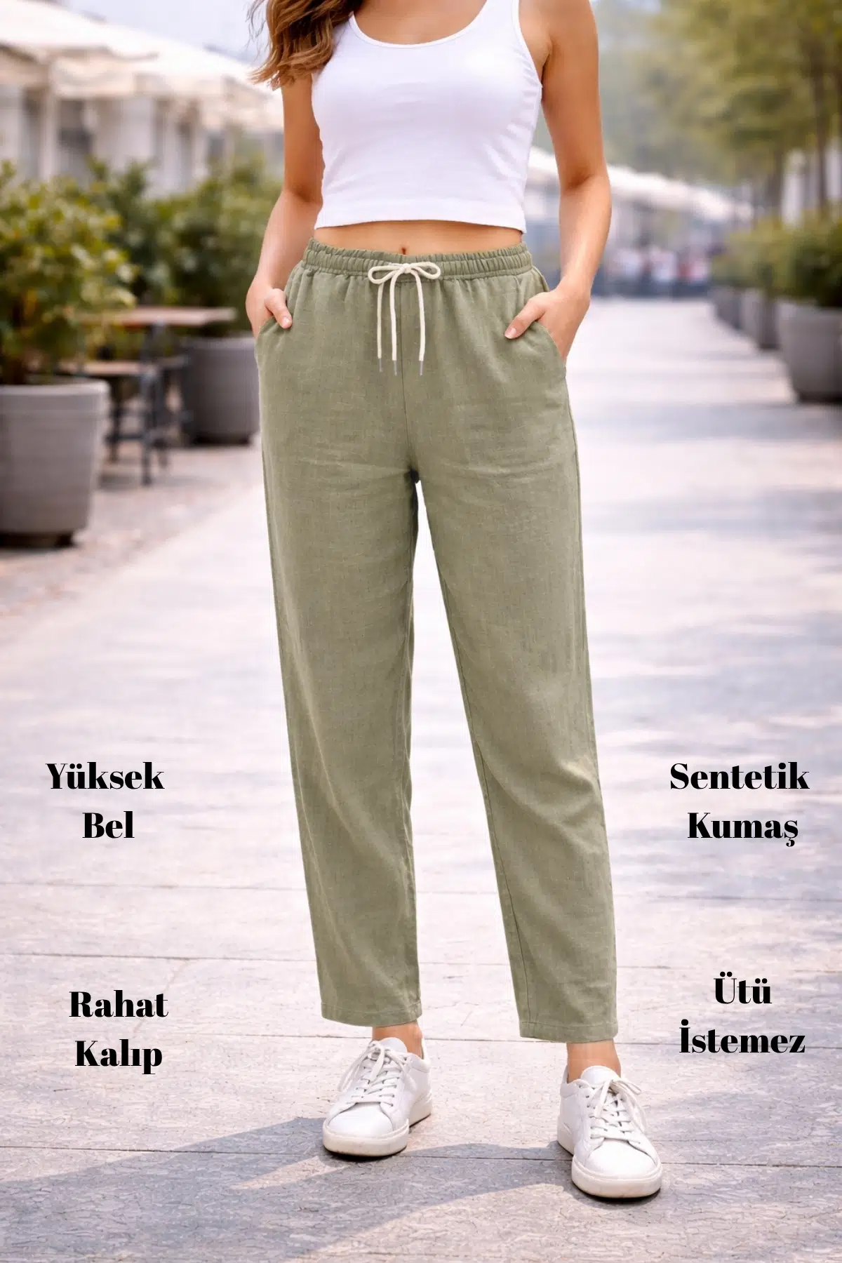 Kadın Yazlık Sentetik Keten Yüksek Bel Lastikli Dar Paça Mom Pantolon C611 - Haki