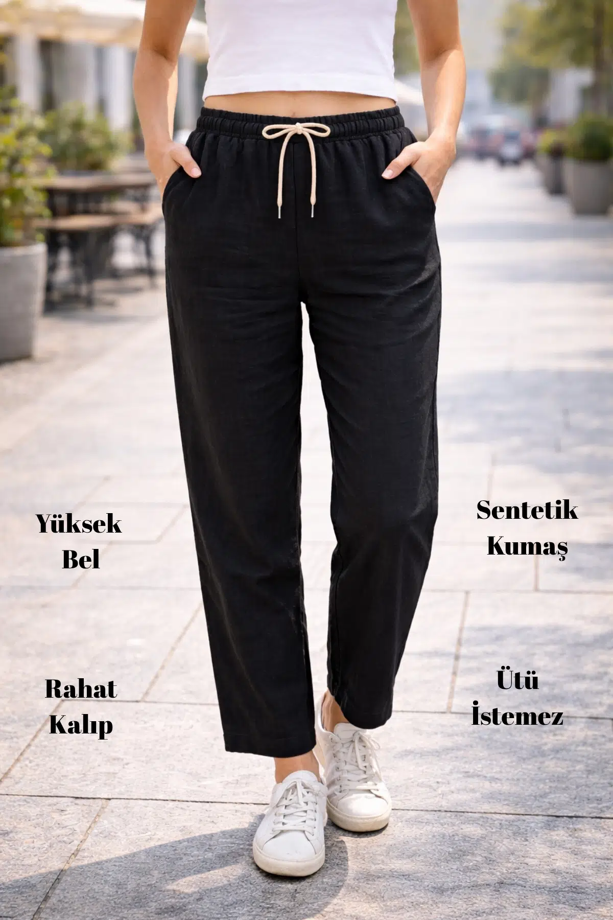 Kadın Yazlık Sentetik Keten Yüksek Bel Lastikli Dar Paça Mom Pantolon C611 - Siyah