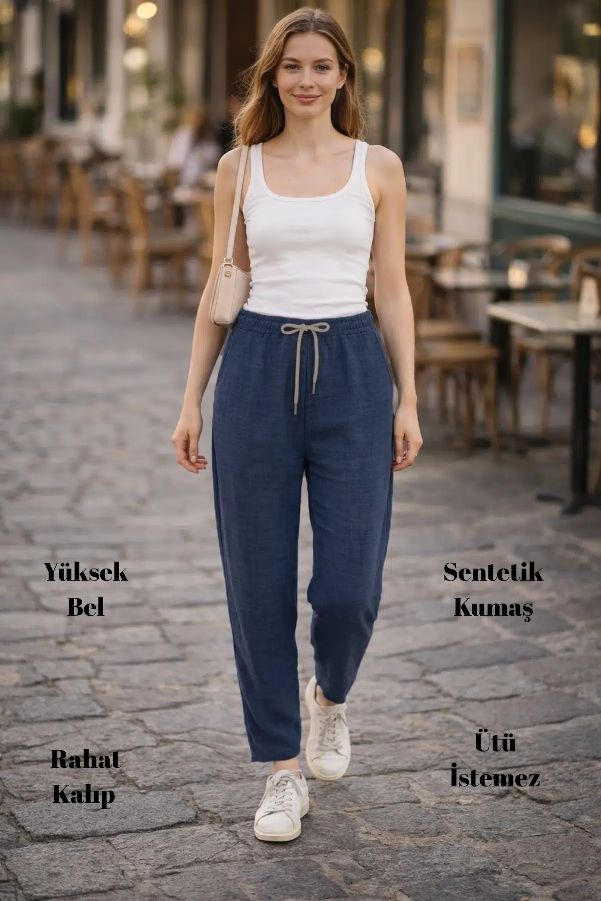 Kadın Yazlık Sentetik Keten Yüksek Bel Lastikli Dar Paça Mom Pantolon C611 - Koyu Mavi