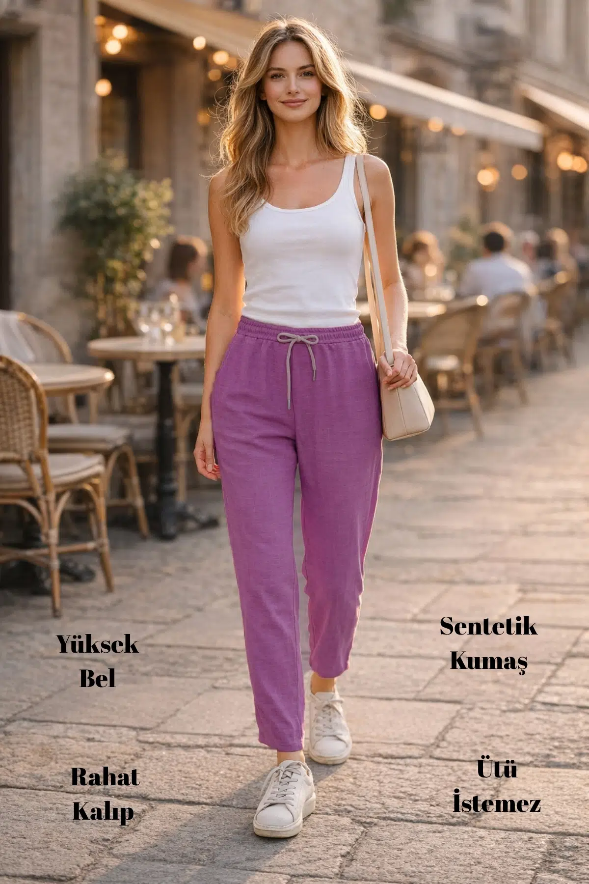 Kadın Yazlık Sentetik Keten Yüksek Bel Lastikli Dar Paça Mom Pantolon C611 - PEMBE