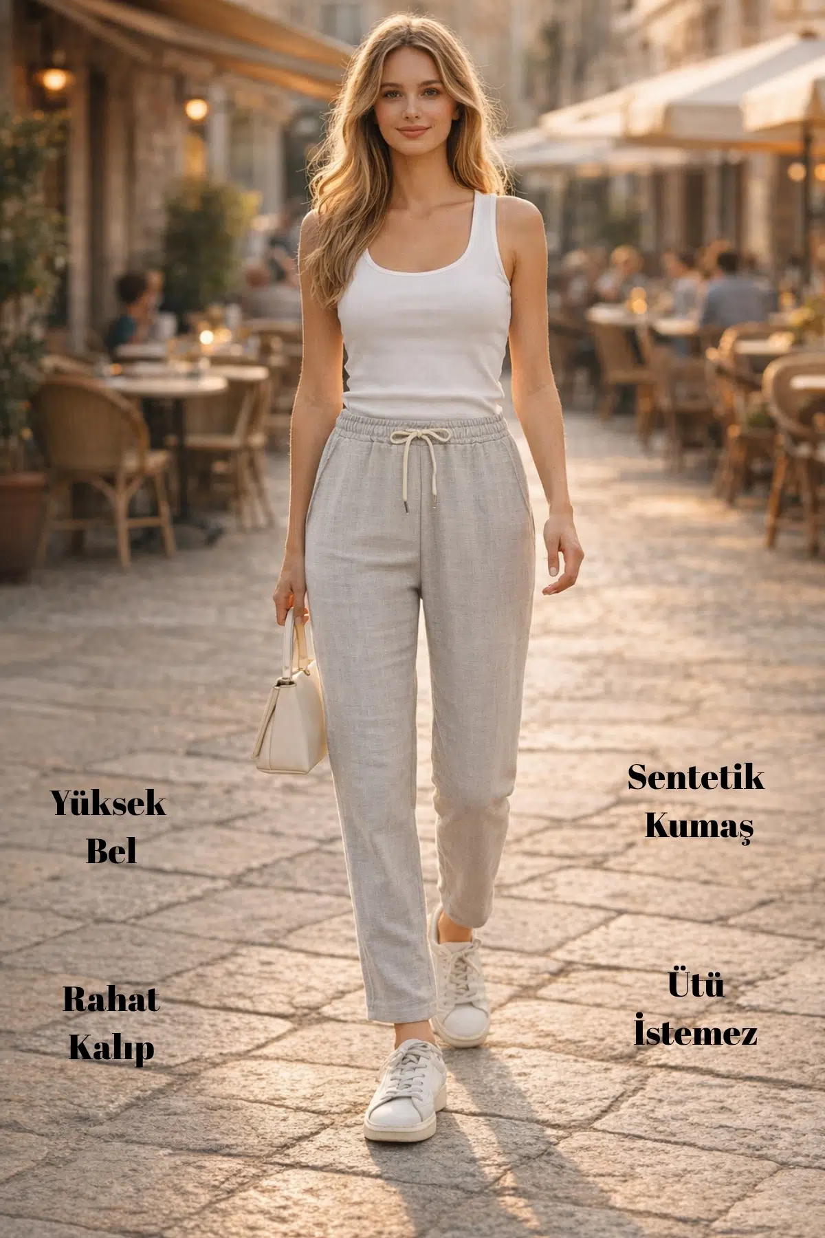 Kadın Yazlık Sentetik Keten Yüksek Bel Lastikli Dar Paça Mom Pantolon C611 - Açık Gri