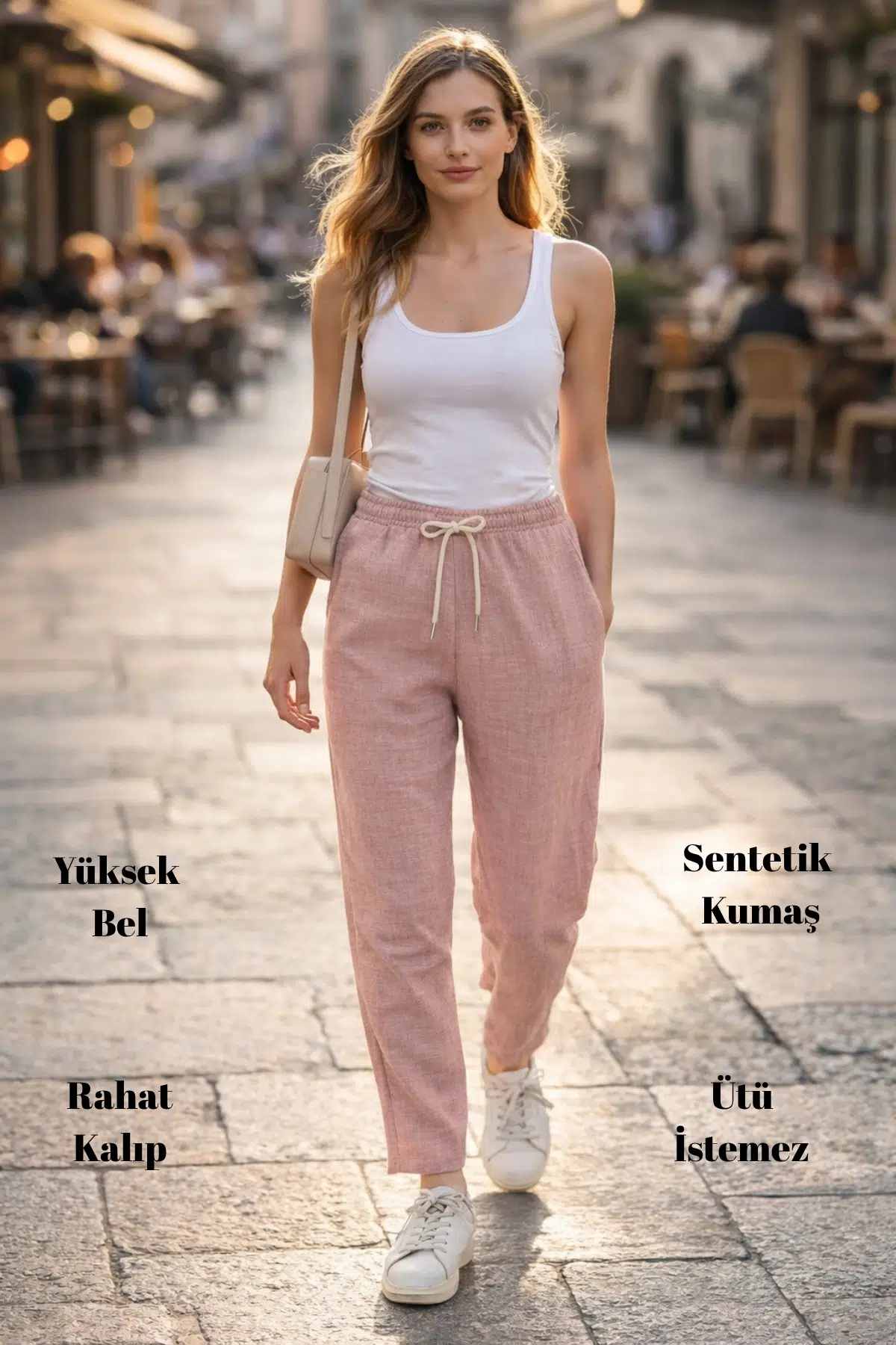 Kadın Yazlık Sentetik Keten Yüksek Bel Lastikli Dar Paça Mom Pantolon C611 - Toz Pembe