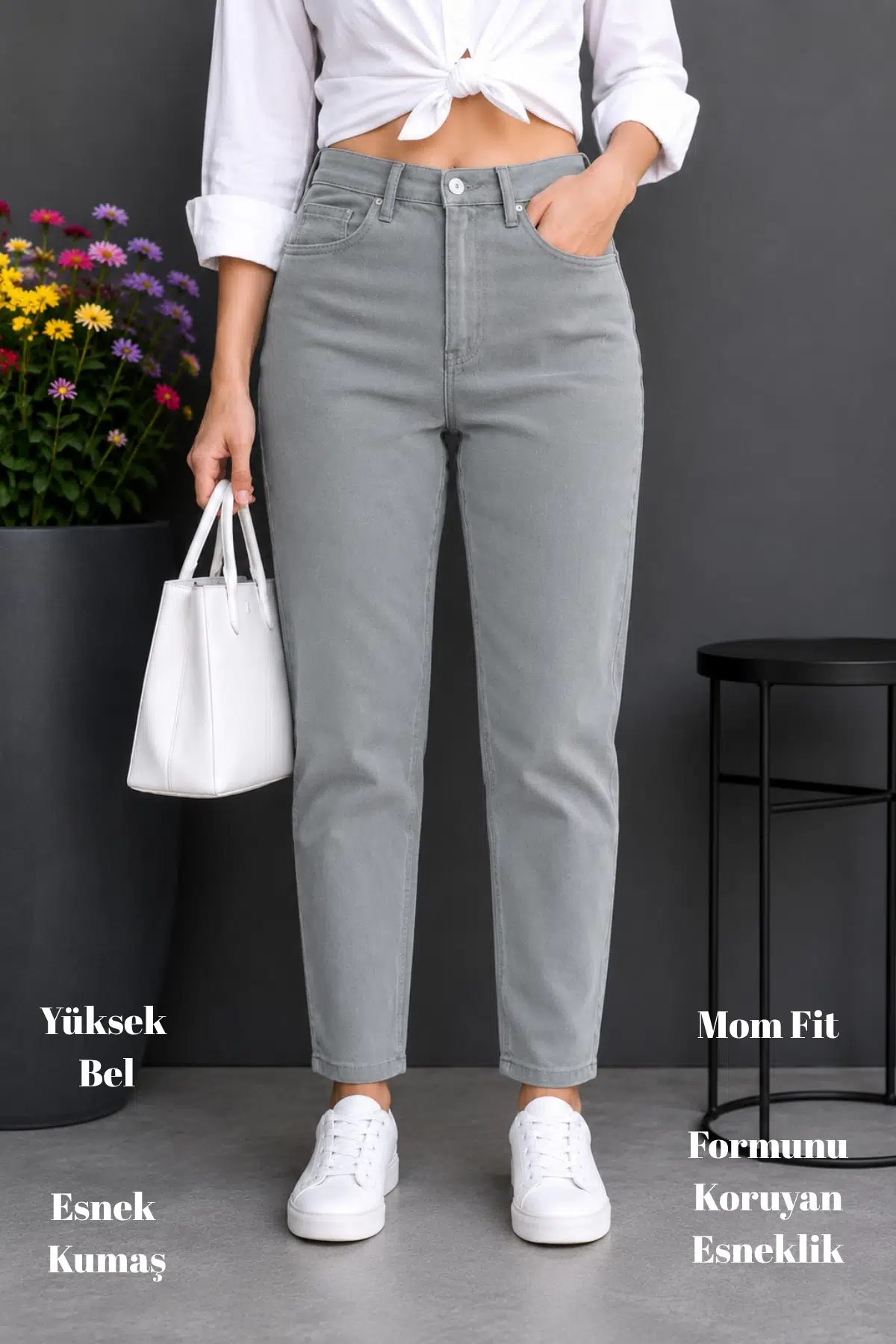 Kadın Yüksek Bel Soho Boyfriend Jean C599 - Taş Rengi