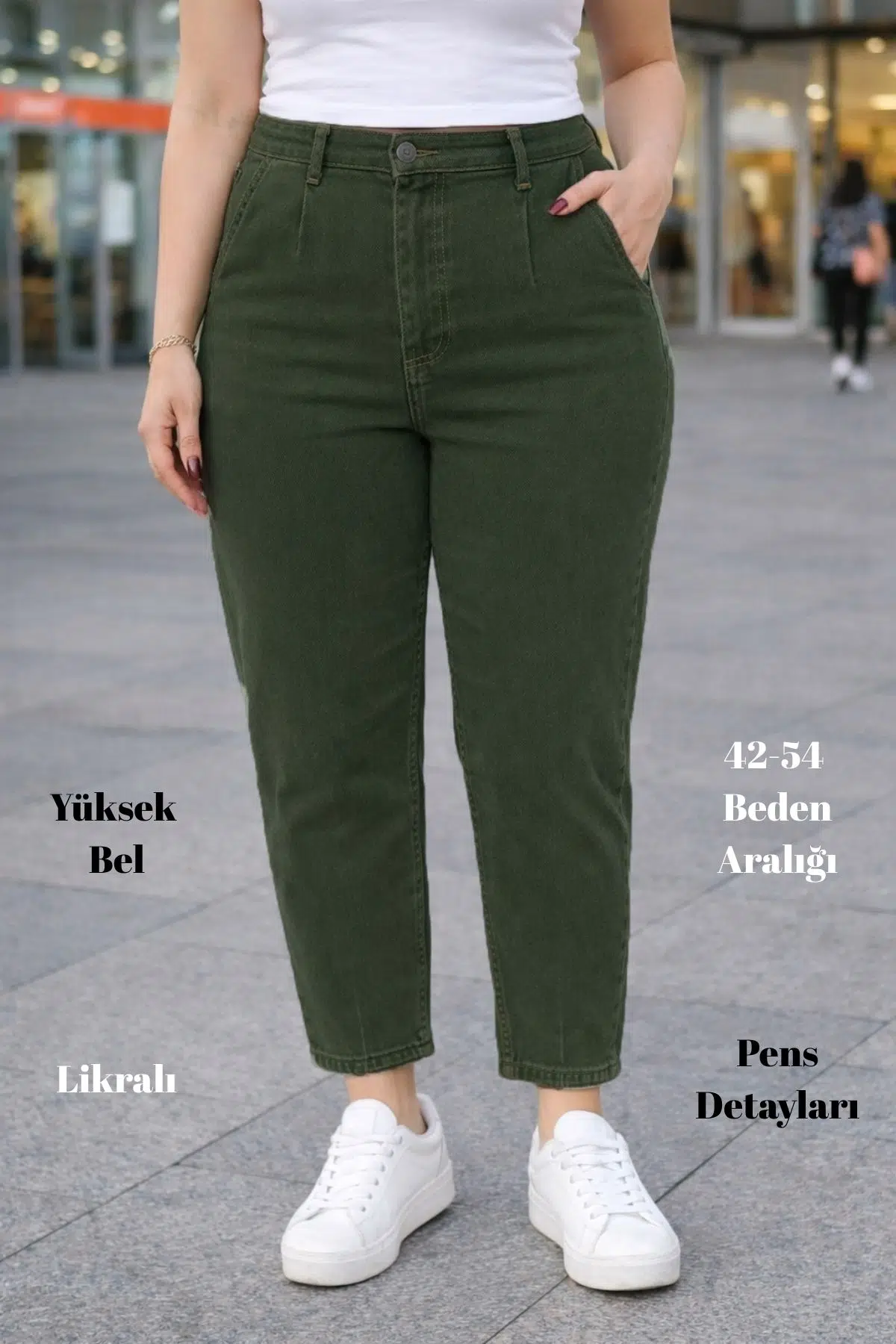 Mom Fit Jean Büyük Beden Yüksek Bel Carrot Kesim Dar Paça Pileli Esnek Kot Pantolon C600 - Haki