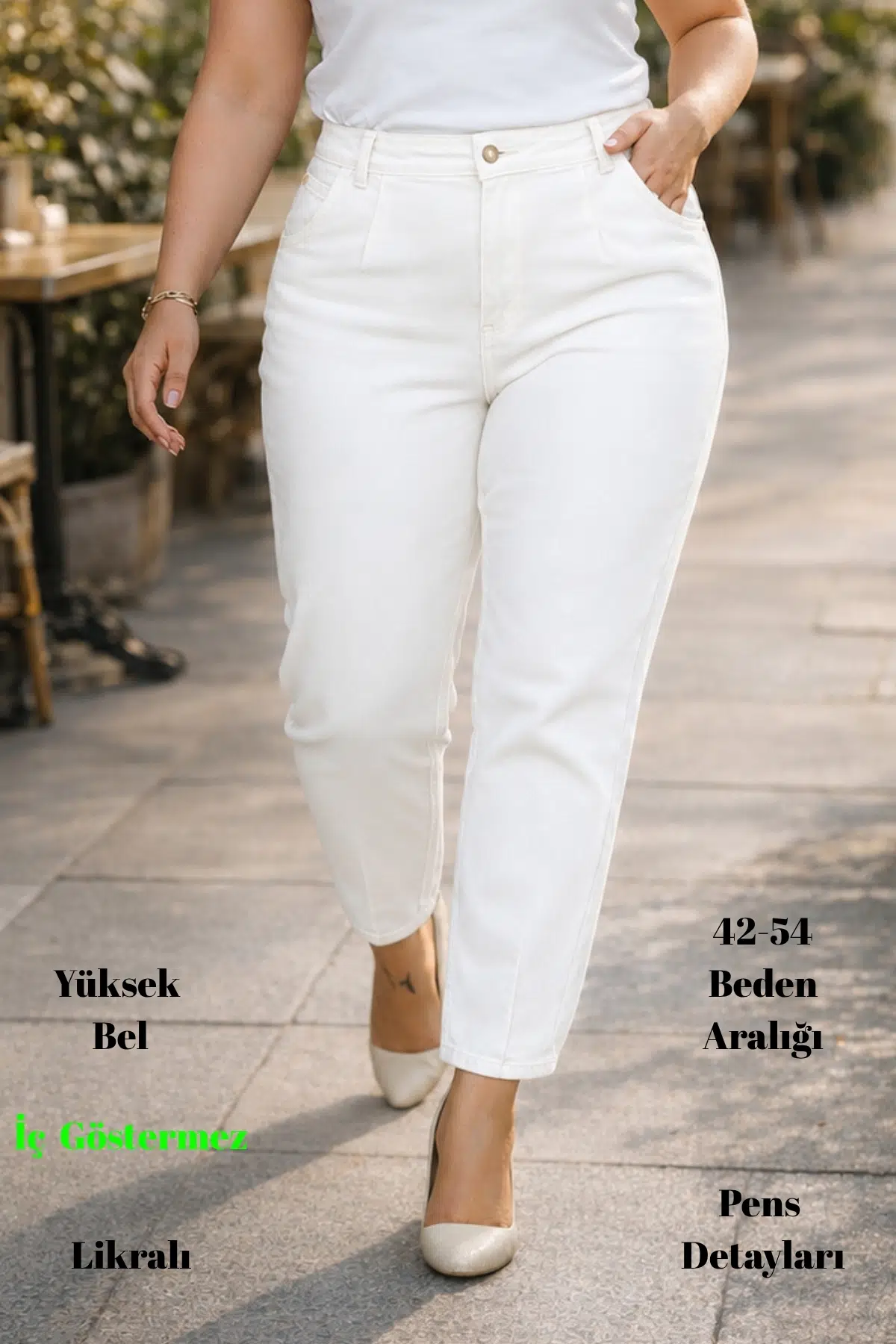 Mom Fit Jean Büyük Beden Yüksek Bel Carrot Kesim Dar Paça Pileli Esnek Kot Pantolon C600 - Beyaz-300