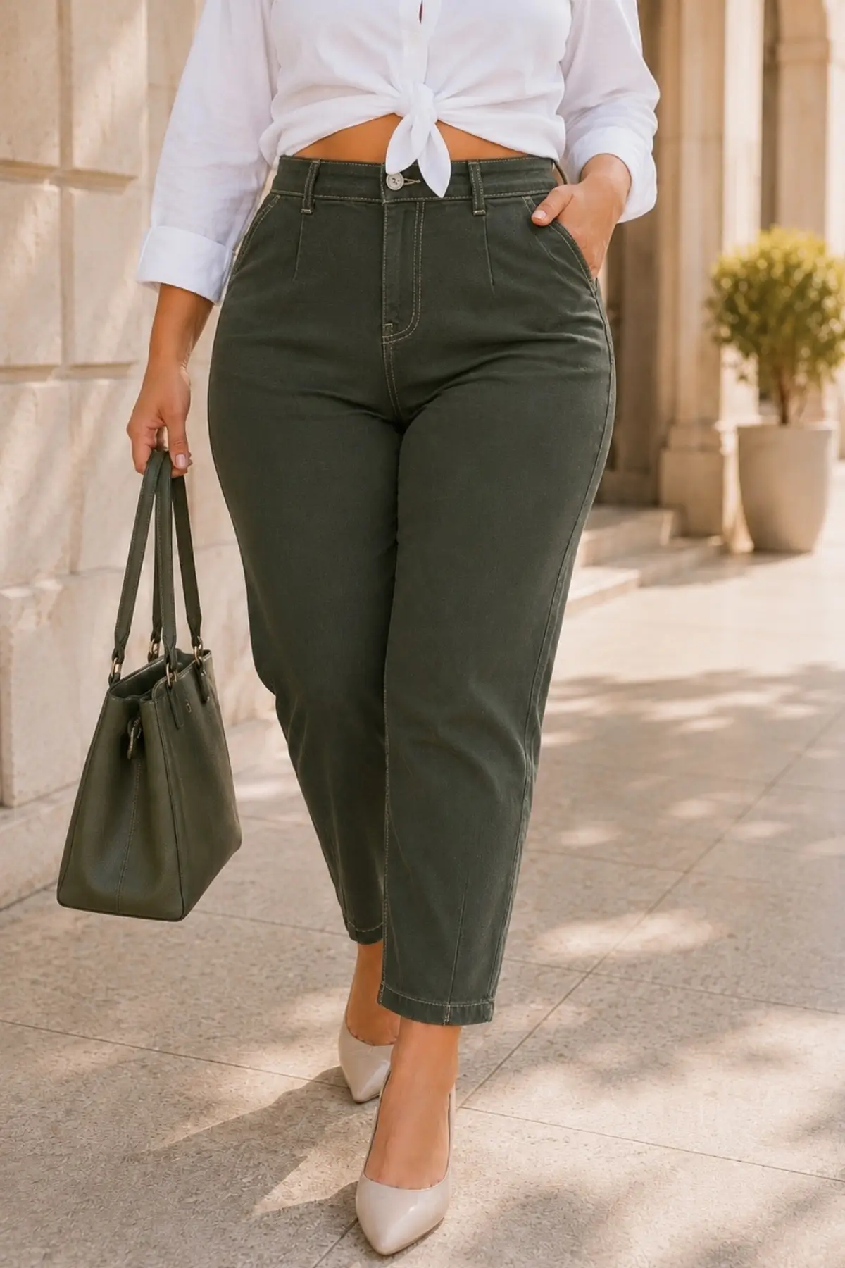 Mom Fit Jean Büyük Beden Yüksek Bel Carrot Kesim Dar Paça Pileli Esnek Kot Pantolon C600 - Haki