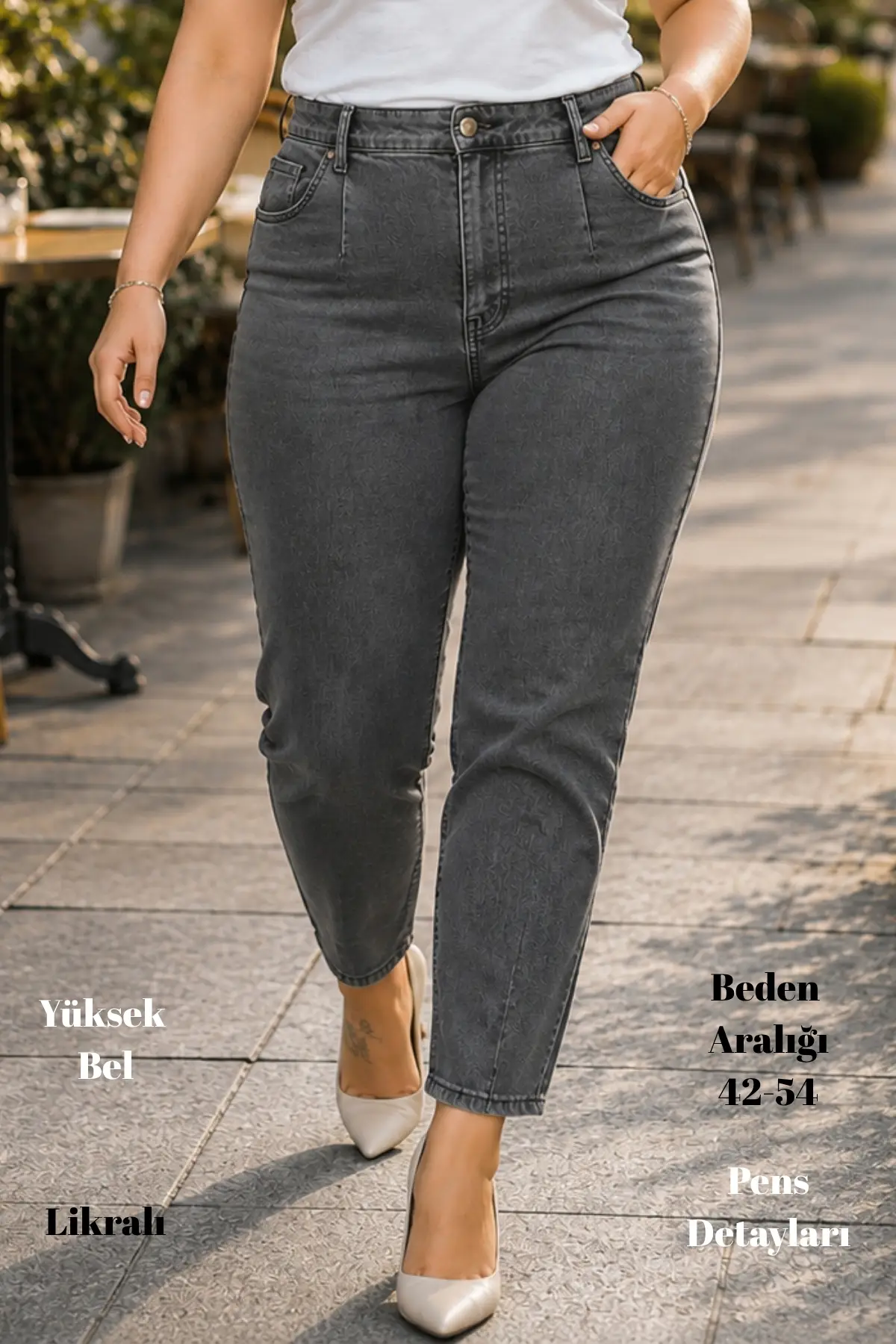 Mom Fit Jean Büyük Beden Yüksek Bel Carrot Kesim Dar Paça Pileli Esnek Kot Pantolon C600 - Açık Gri-600