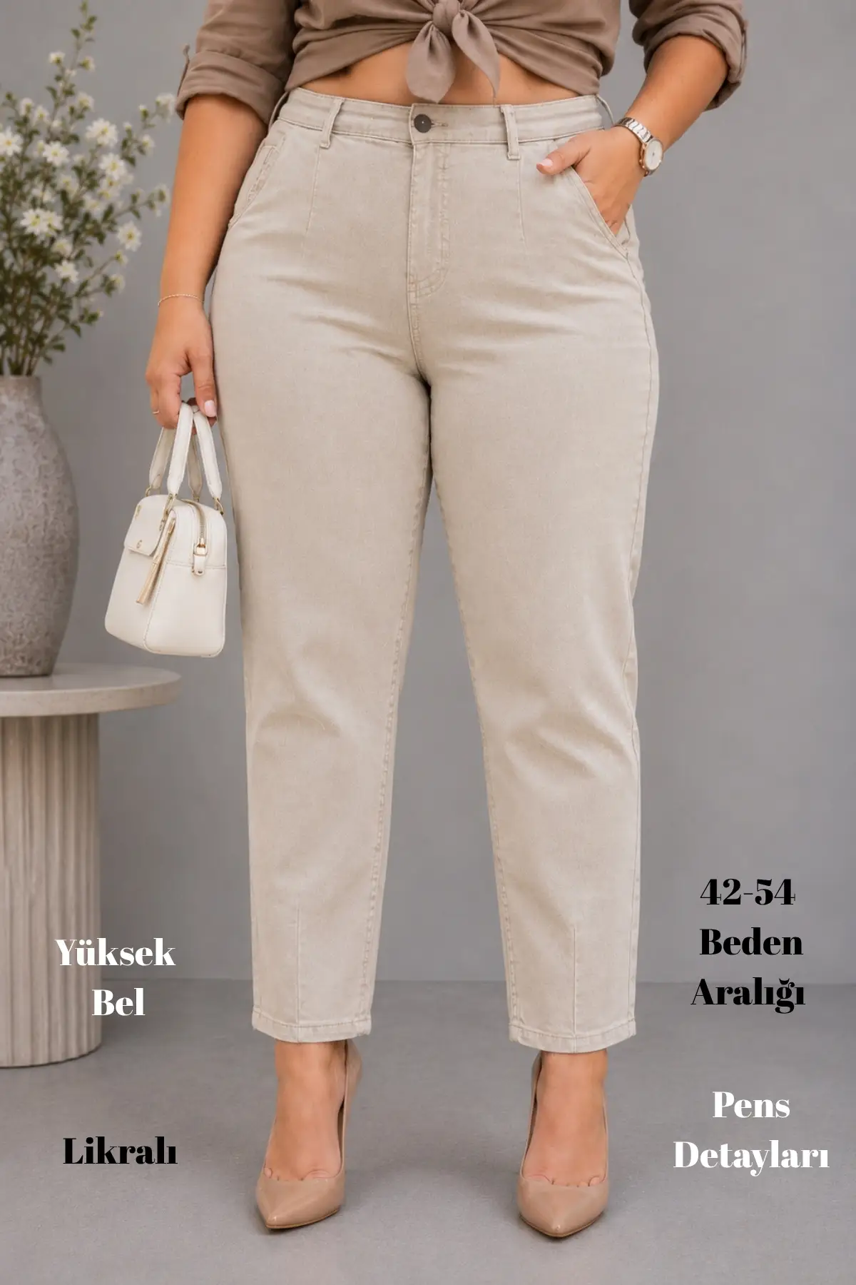 Mom Fit Jean Büyük Beden Yüksek Bel Carrot Kesim Dar Paça Pileli Esnek Kot Pantolon C600 - Bej